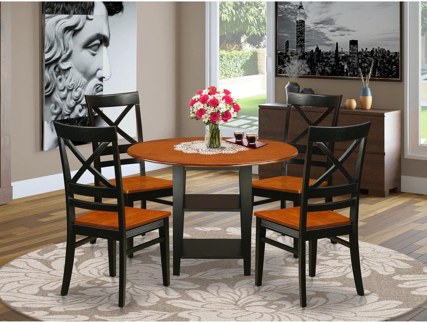 East West Furniture SUQU5-BCH-W 5 Piece Modern Dining Table Set Includes a Round Wooden Table with Dropleaf & Shelves and 4 Kitchen Dining Chairs, 42x42 Inch, Black & Cherry