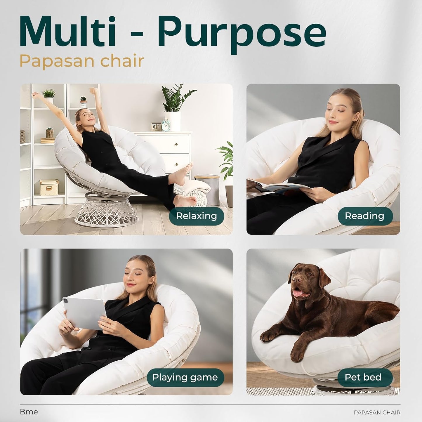 Bme 40" Ergonomic Wicker Papasan Chair with Soft Thick Density Fabric Cushion, High Capacity Steel Frame, 360 Degree Swivel for Living, Bedroom, Reading Room, Lounge