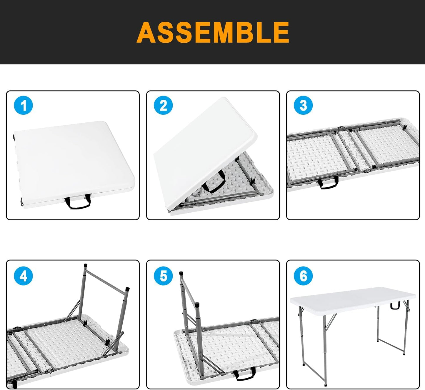 48" W x 24" D x 29.5" H - 4FT Adjustable Height Heavy Duty Plastic Fold-in-Half Foldable Table,White Portable Folding Table with Carrying Handle for Camping & Party