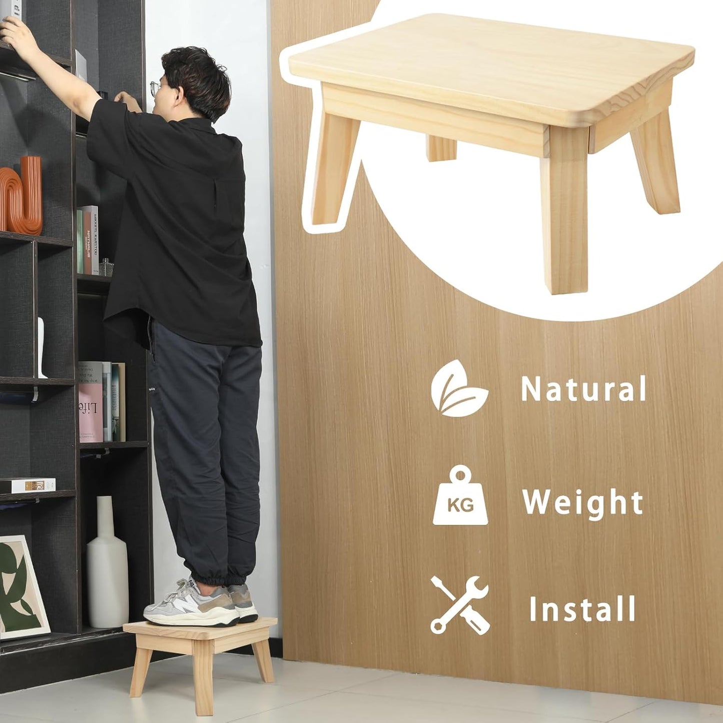 HOUCHICS Wooden Step Stool,One Step Stool for Adult Kids,Wood Bedside Step Stools for Kitchen,Bathroom,Bedroom(Wooden)