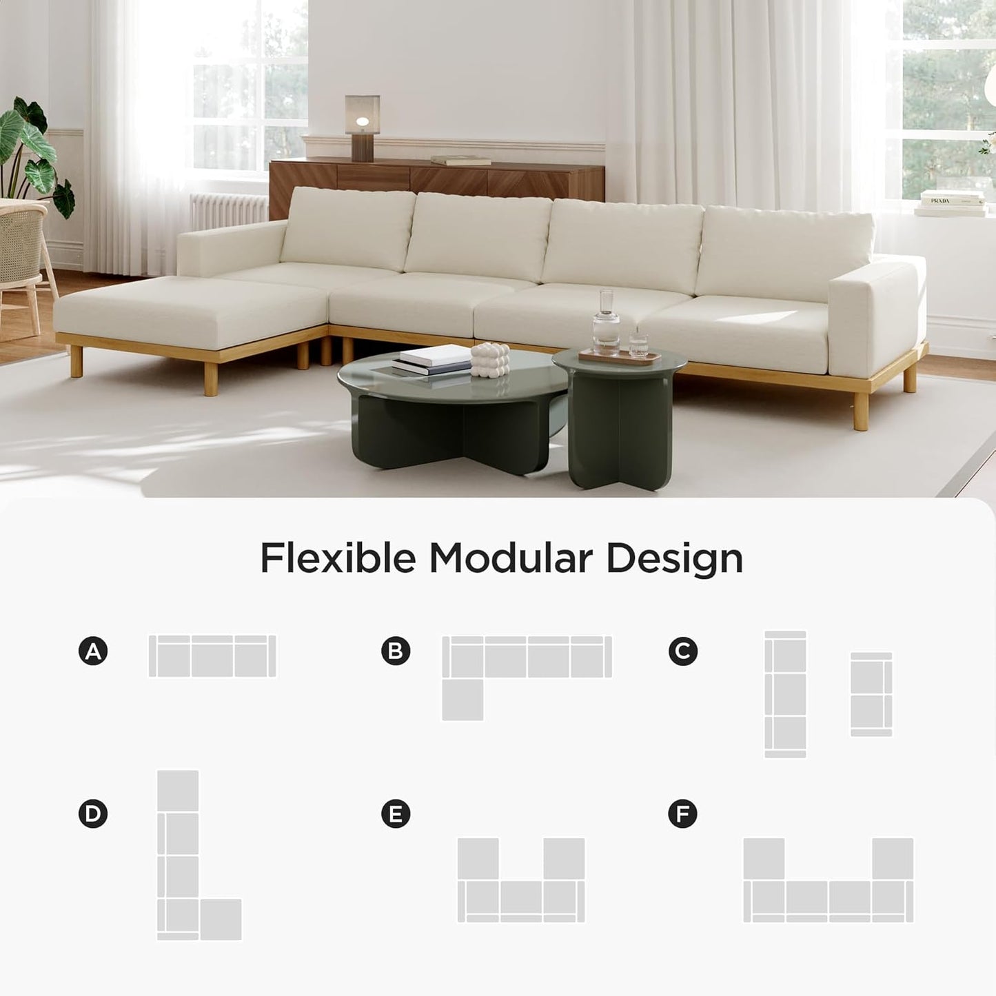 Acanva Minimalist Modular Sectional Sofa for Living Room, Wide & Deep Seat Convertible Furniture Set with Metal Frame and Movable Covers, Corner Chair, Off White