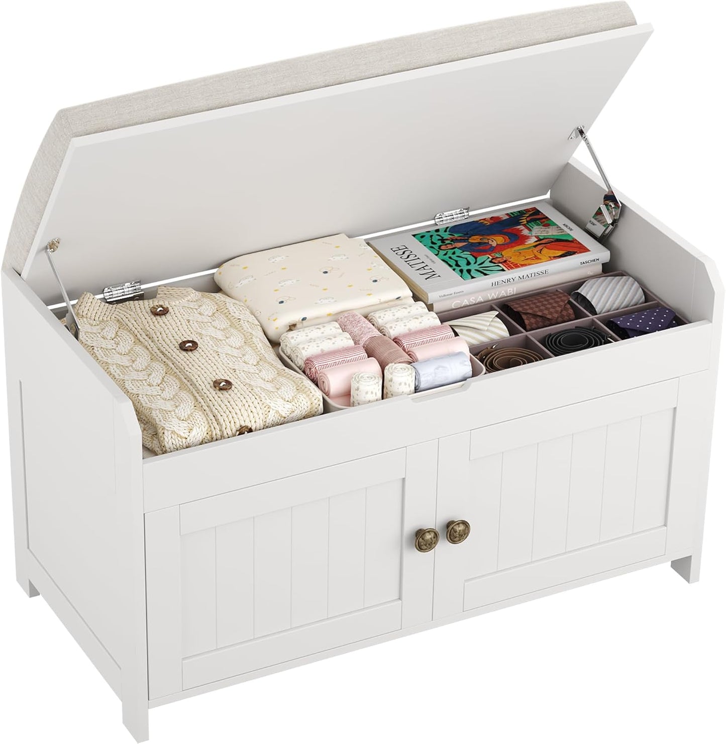 HOMEFORT 30" Shoe Bench with Lift Top Storage, Entryway Bench with Cushioned Seat, Wooden End of Bed Bench, Shoe Cabinet Bench with Hidden Storage Space, for Bedroom, Hallway,White