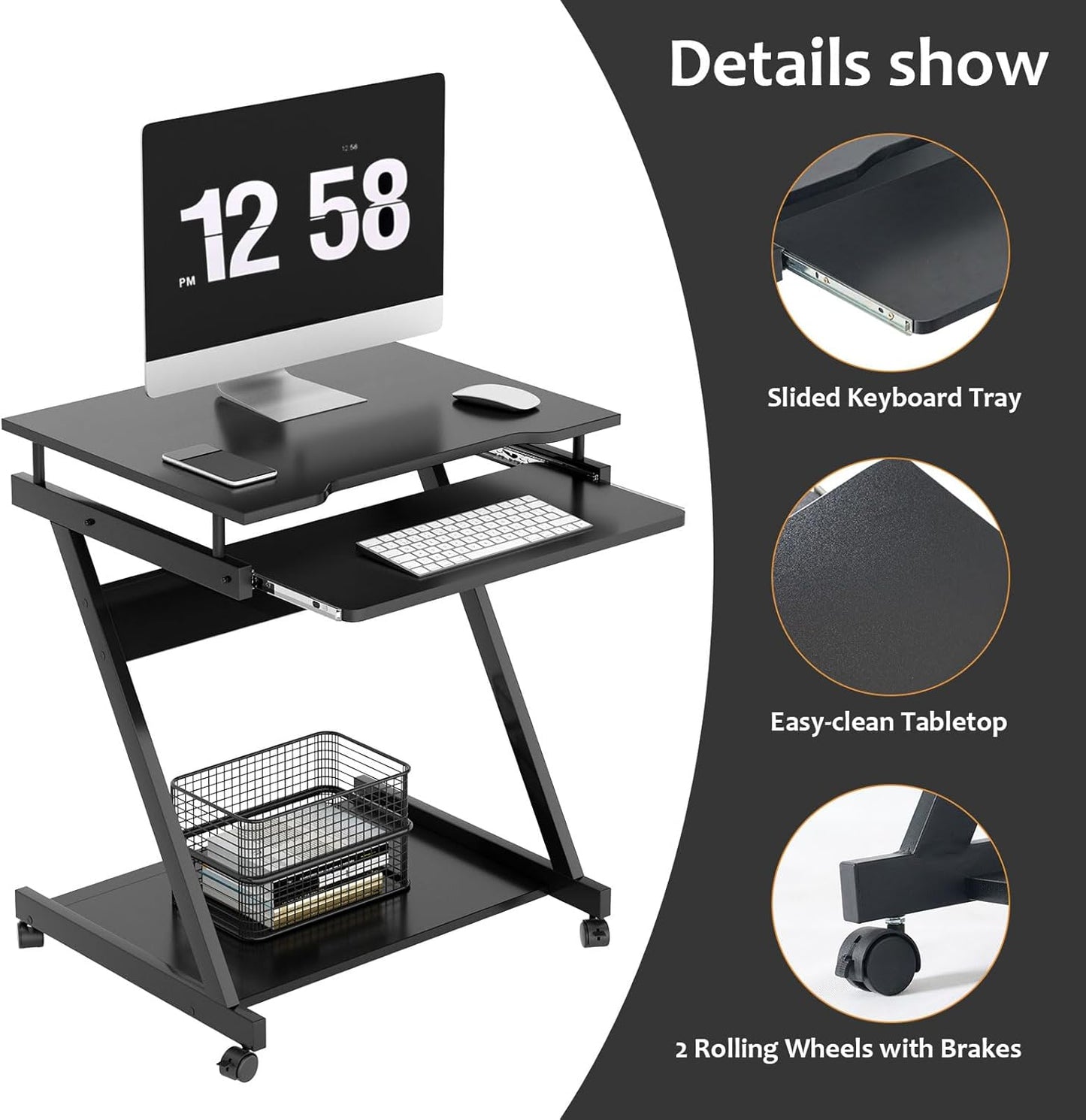 soges Small Rolling Computer Desk, Z Shape Laptop Desk Cart on Wheels, Mobile Computer Workstation for Home and Office with Keyboard Tray, Black