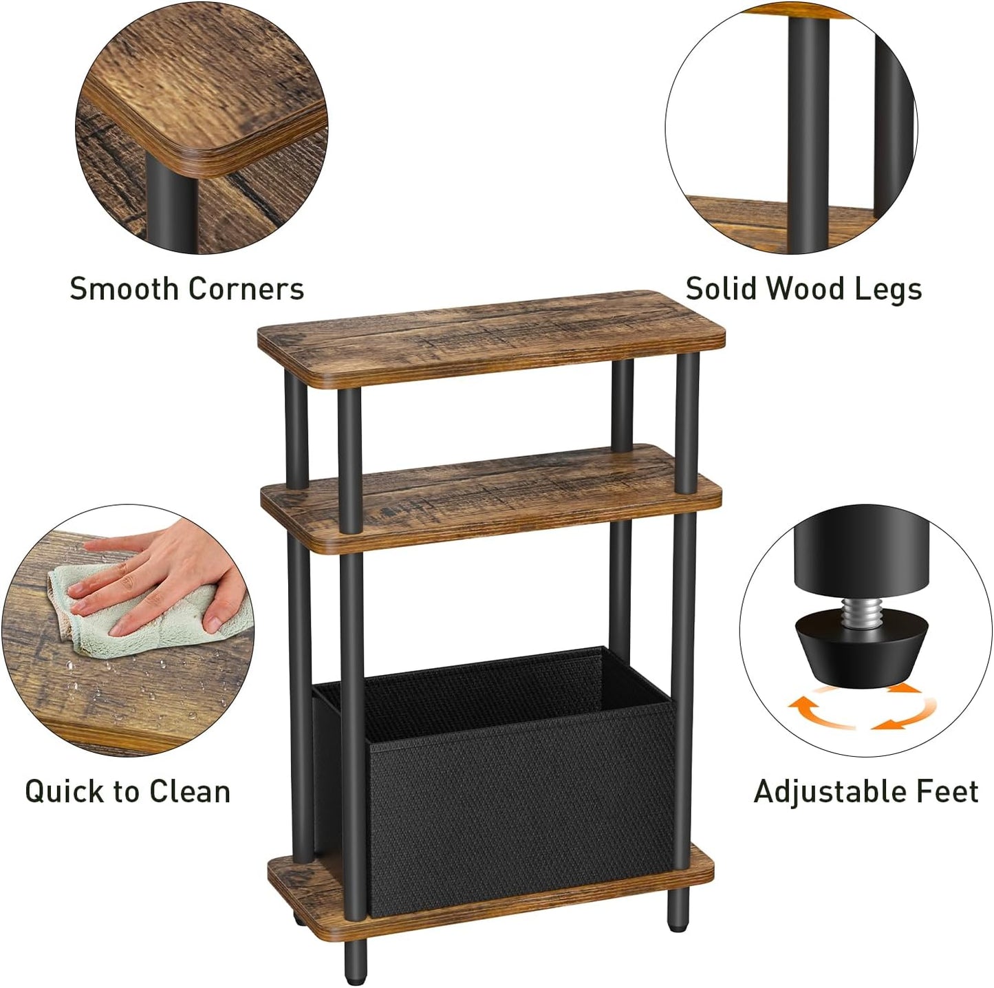 Narrow Side Table with Fabric Basket, 7" Wide, 3 Tier Skinny End Table with Wood Legs, Slim Nightstand/Bedside Table for Small Spaces, with Adjustable Feet, 15.7" L x 23" H