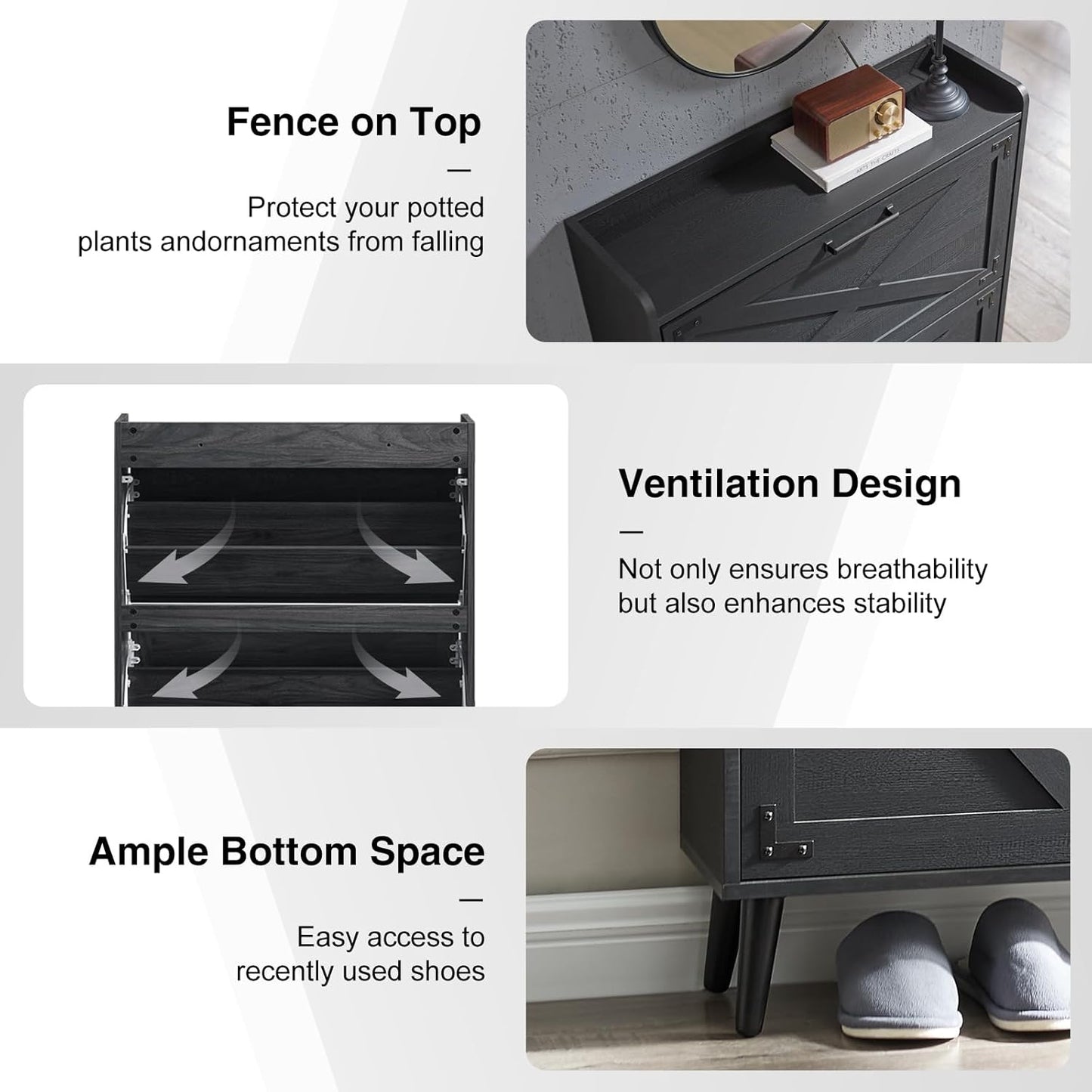 Shoe Storage Cabinet, Farmhouse Shoe Organizer with 2 Flip Drawers & Barn Door Design, Freestanding Hidden Slim Narrow Shoe Rack Cabinet for Entryway, Foyer, Hallway, Black