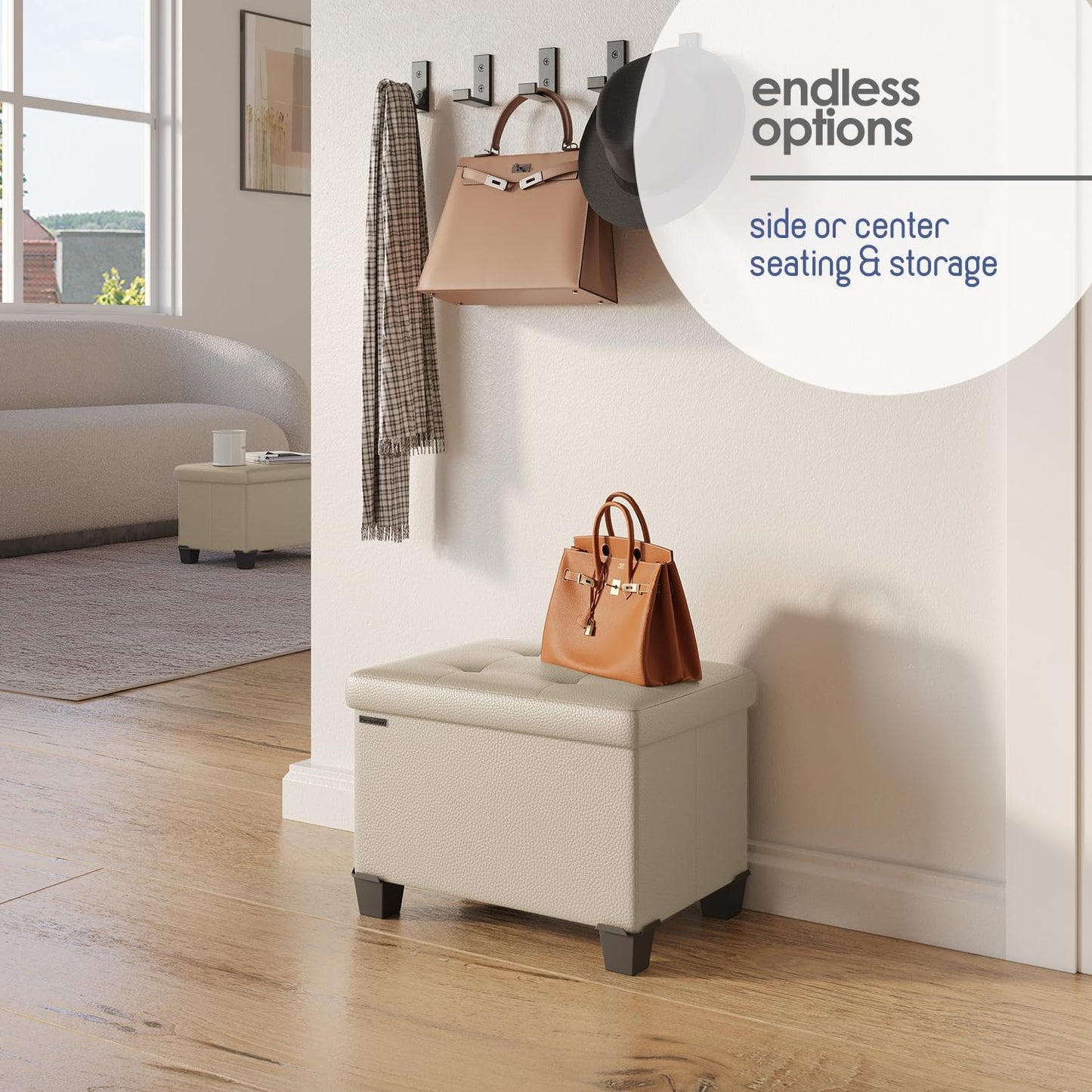 STORAGEBUD Storage Ottoman Cube with Small Bin, 16-in Square Ottoman with Storage for Living Room and Bedroom, Small Ottomans Foot Rest, Faux Leather Foot Stools Ottomans Max 330lbs, Beige