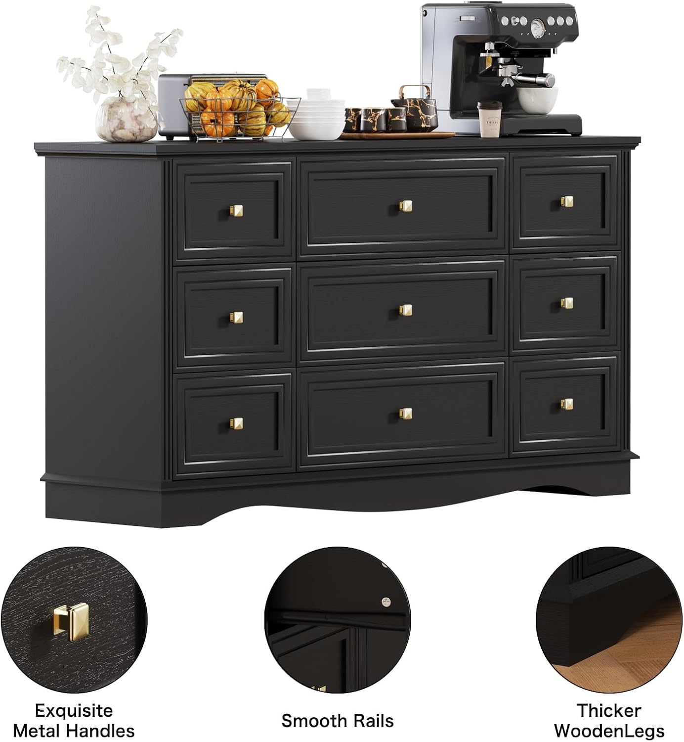 9-Drawer Dresser, 57" Wooden Chest of Drawers with Rustic Top, Modern Farmhouse Furniture Organizer, Bedroom Storage Cabinet for Clothes, Accessories, Living Room, or Entryway, Black