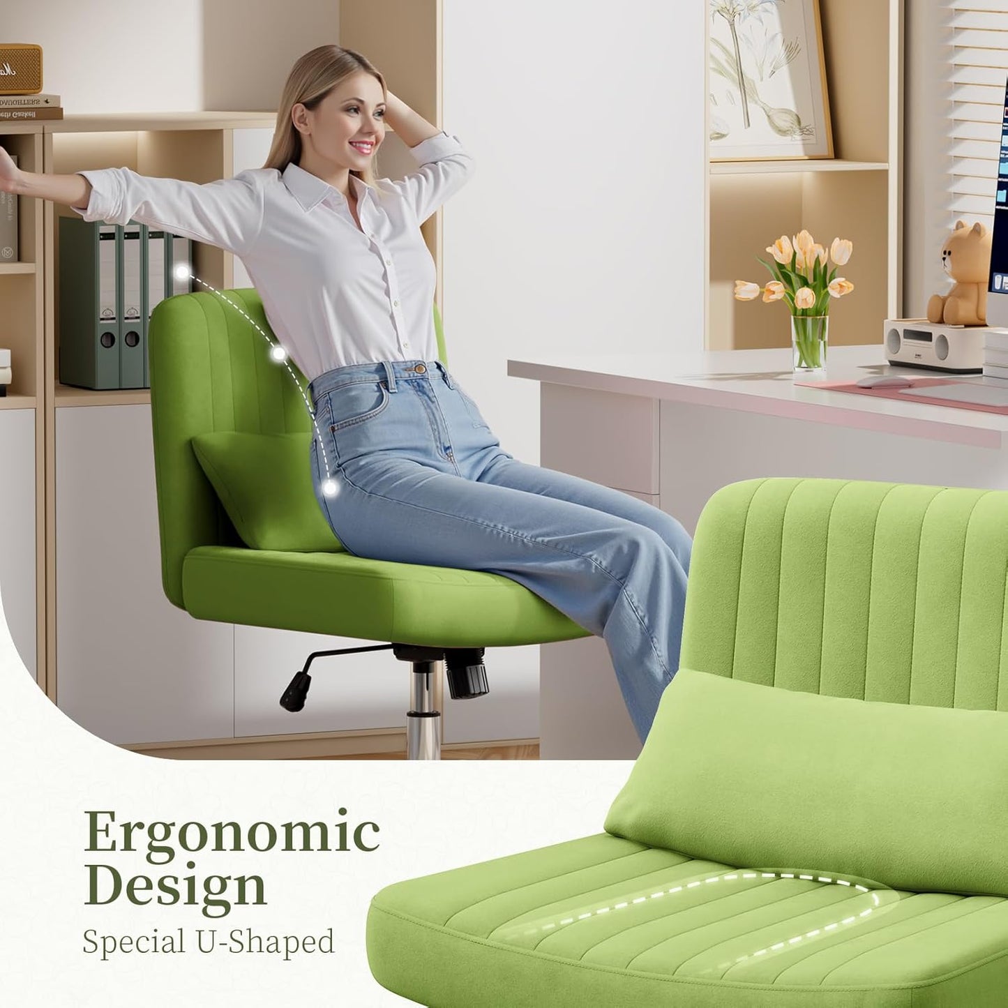 Warmiehomy Criss Cross Office Chair with Wheels, Velvet Cross-Legged Desk Chairs for Home, Height Adjustable Swivel Wide Seat Computer Chair, Morden Vanity Chair for Women, Light Green