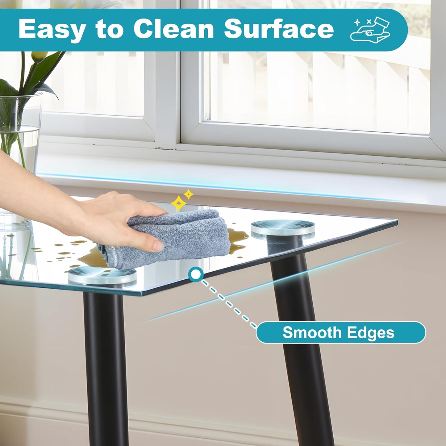 Dining Table for 6 Kitchen Table 47.2" Rectangular Modern Glass Dining Table Kitchen & Dining Room Tables with Glass Tabletop and Metal Legs for Dining Room and Kitchen, Black