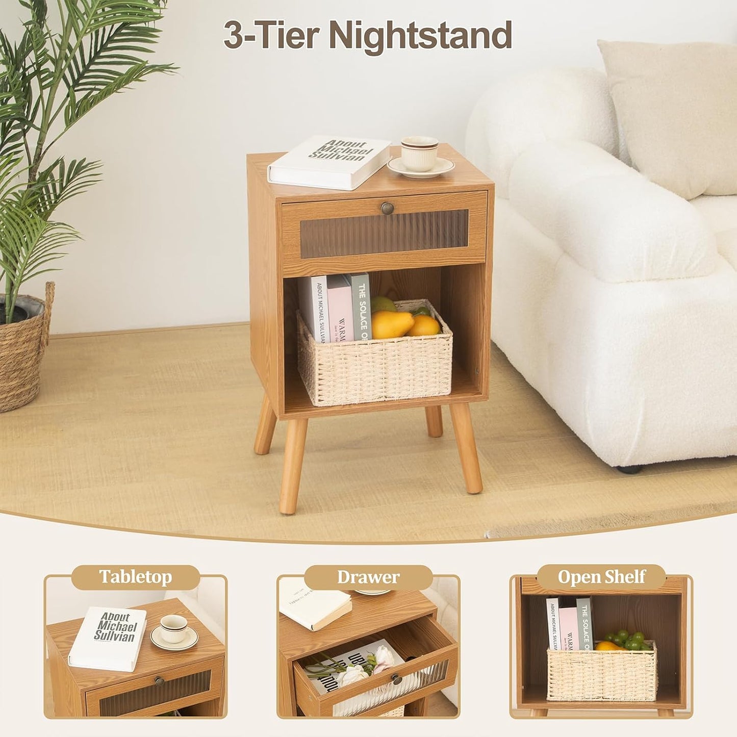 AWASEN Mid Century Nightstand, Bedside Table with Glass Storage Drawer and Large Open Shelf, Modern Night Stand Side End Table with Solid Legs for Bedroom, and Small Space, Brown
