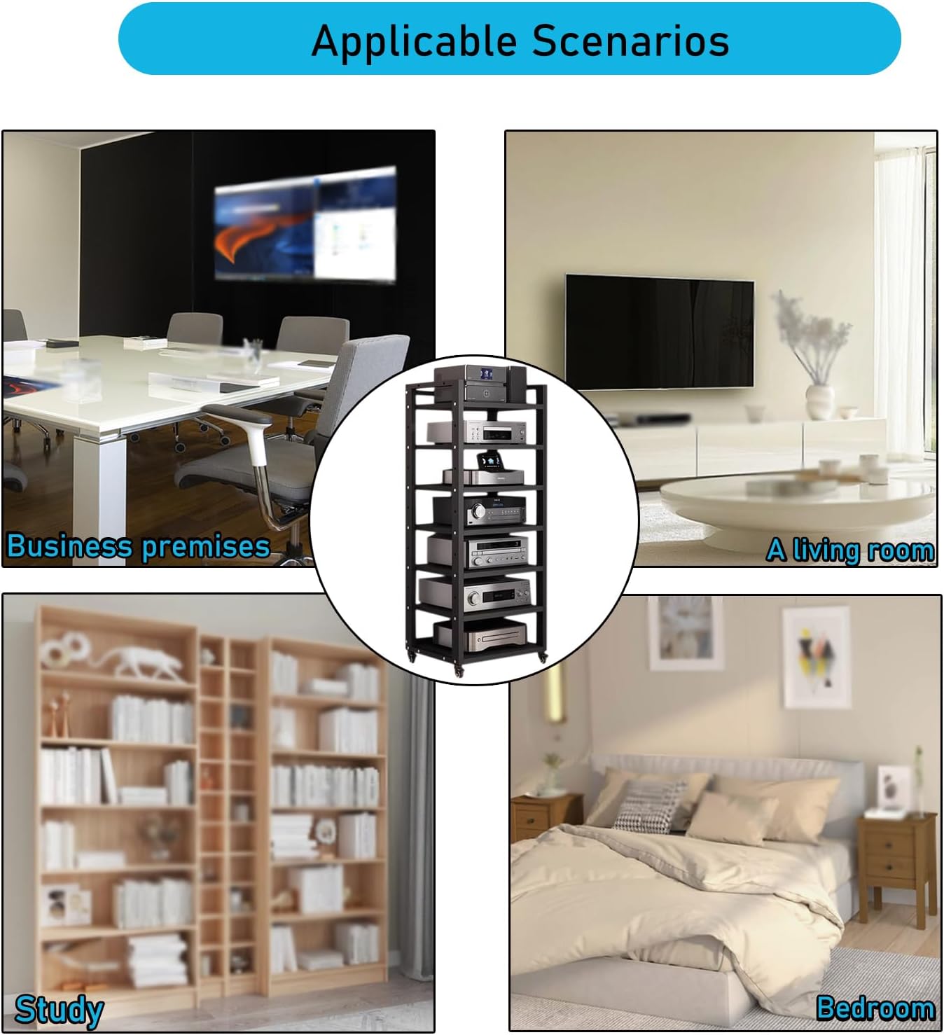 7 Tier Audio Rack Tower, CD Record Player Stereo Receiver AV Equipment Cabinet Display Rack, Weight Capacity 661 lbs, with Adjustable Wooden Shelves for Home (BIACK, 7 Tier 55×19.7×15.7IN)