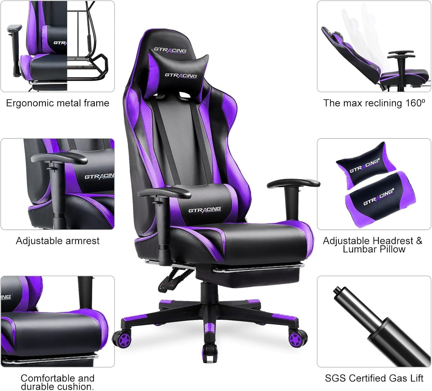 GTRACING Gaming Chair with Footrest, Ergonomic Computer Game Desk Chair, Reclining Gamer Chair Seat Height Adjustment, Swivel Rocker with Headrest and Lumbar, Purple