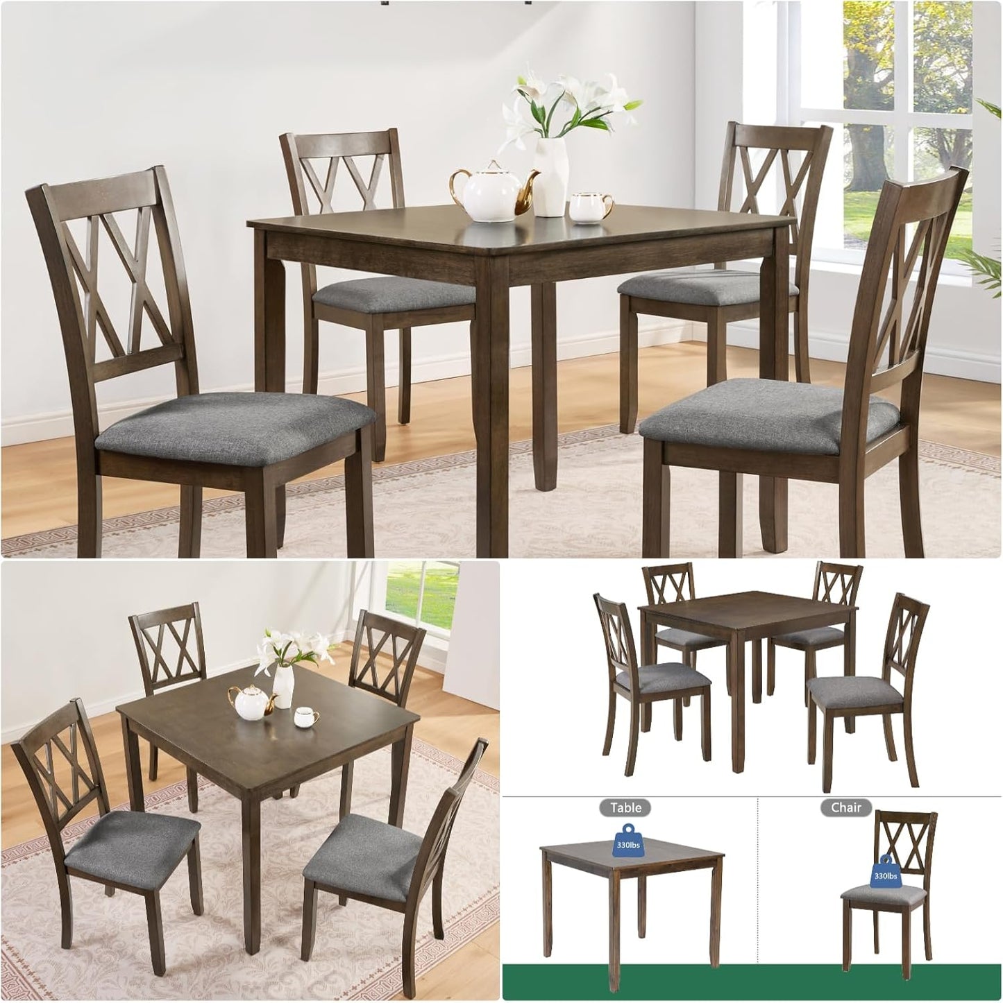 Dining Table Set, Wooden Kitchen Table Set with Square Table, 4 Vertical X Backrest Upholstered Chairs, Table and Chairs with Non-Slip Feetmats for 4 People, Living Room and Kitchen, Walnut