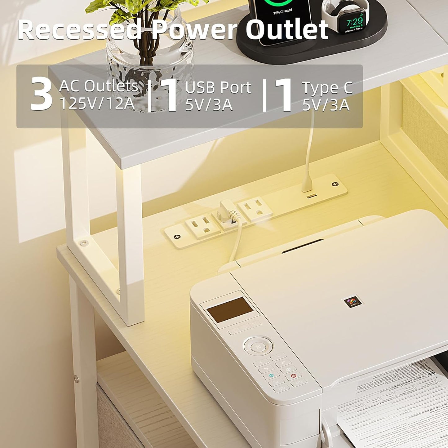 53" Computer Desk with 4 Drawers & Power Outlets, Reversible Home Office Desk with Monitor Stand & Printer Stand, Gaming Desk with Led Lights, Study Writing Work Desk Table for Bedroom (White)