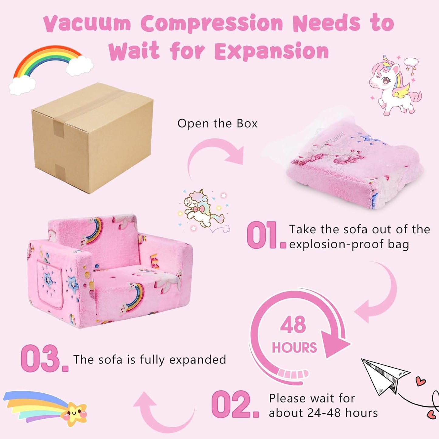 Toddler Couch,Toddler Chair,Kids Chair 2-in-1 Baby Seat Furniture Fold Out, Convertible Sofa to Lounger Comfy Glow in The Dark Sofa Bed,Gifts for Kids Girl Boys,Unicorns Rainbow,Medium