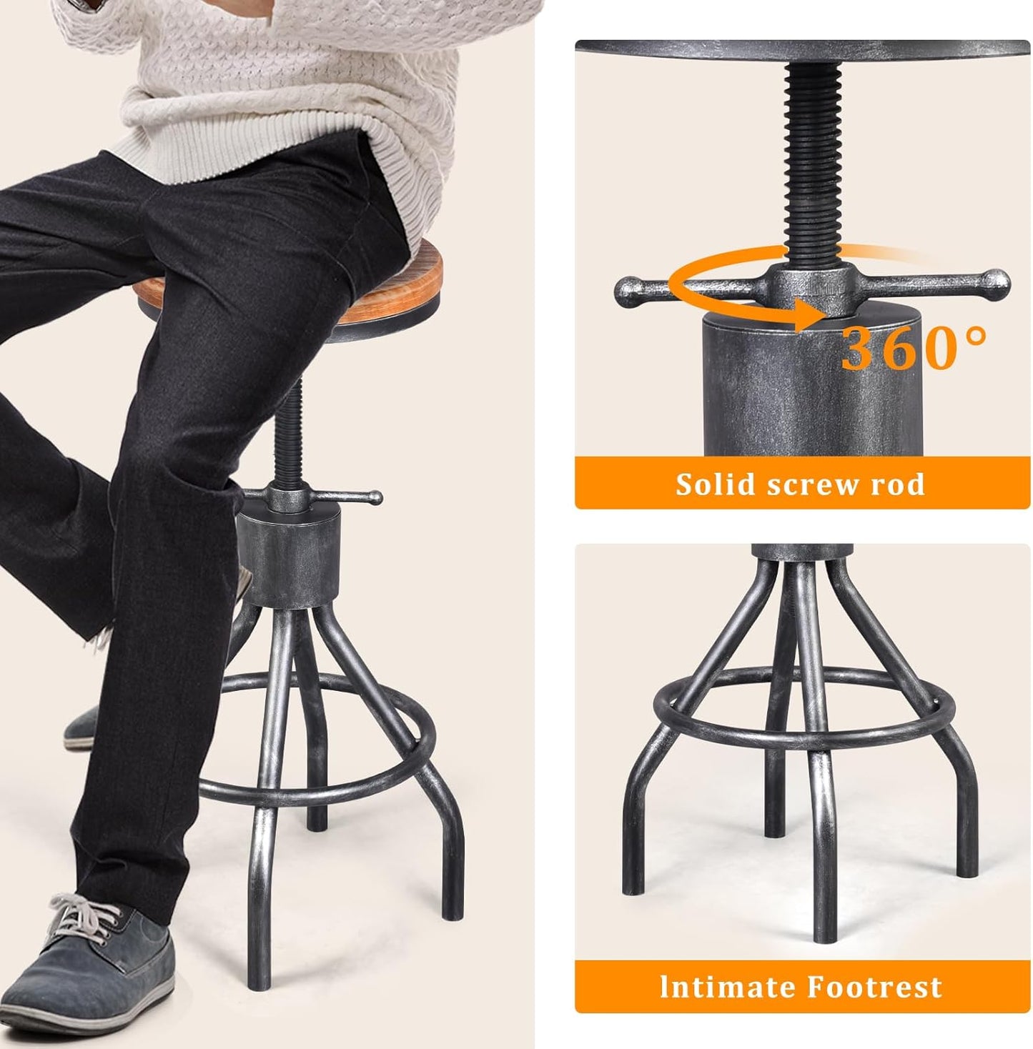 Set of 2 Industrial Bar Stool-Vintage Counter Dining Chair-Swivel Stools-Tall Height Adjustable 22-33"