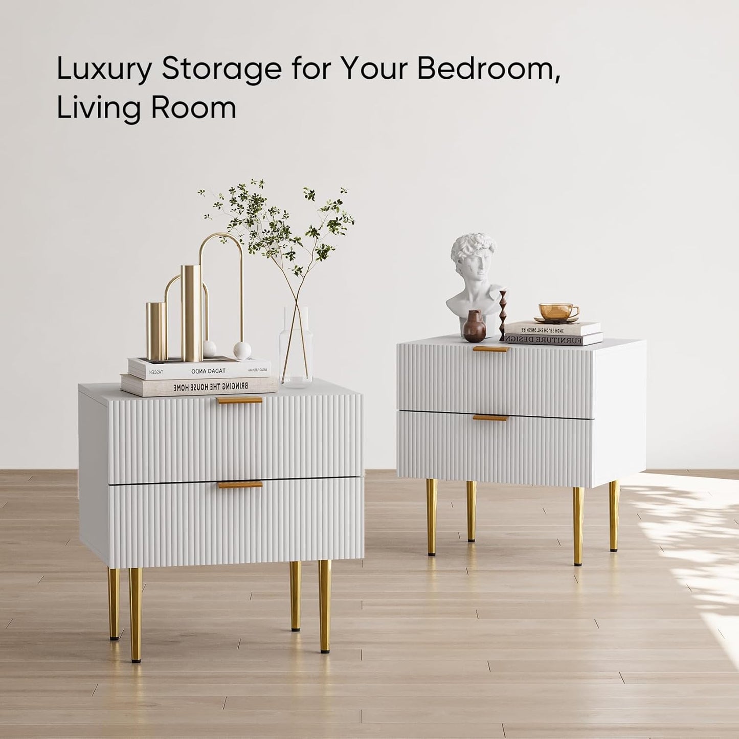 White Nightstand for Bedroom, Fluted Night Stand, End Table for Living Room, Mid Century Modern Bedside Table with Drawers, Bed Side Table with Gold Metal Legs, Bedroom Furniture Stripe
