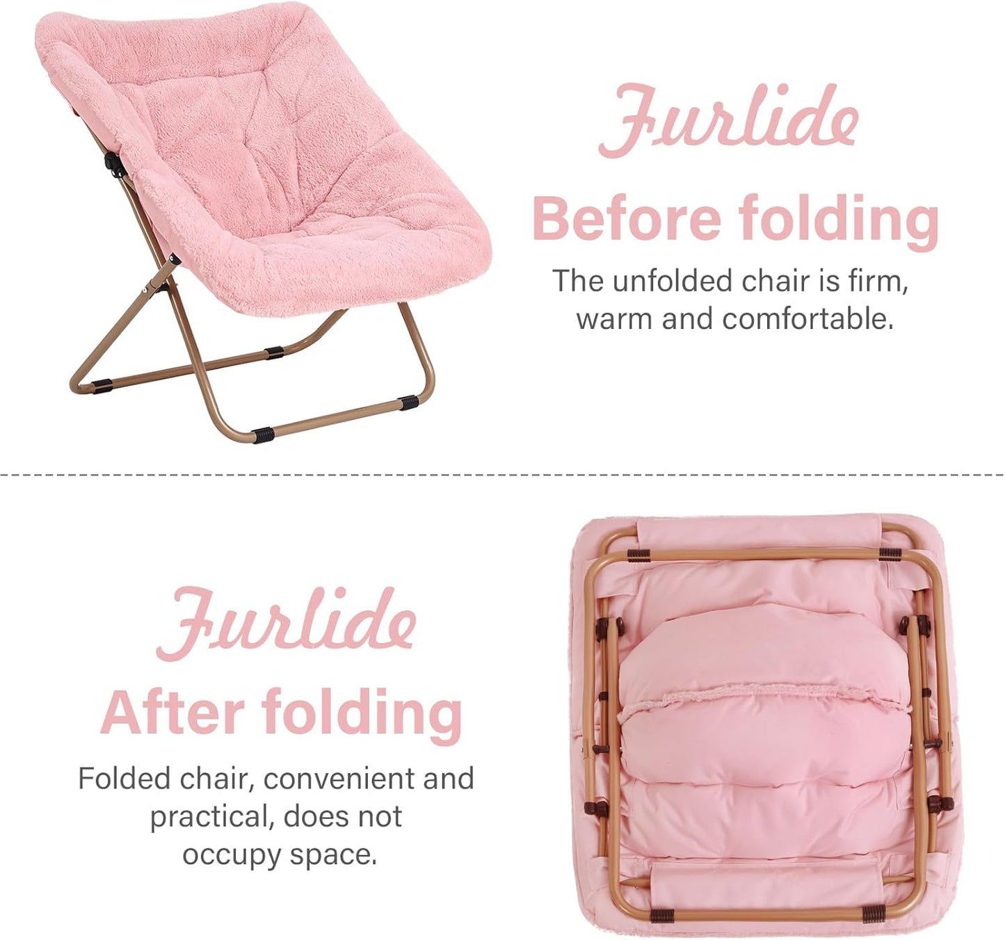 Modern Pink Faux Fur Foldable Metal Frame Recliner Chair for Bedroom, Living Room, Balcony