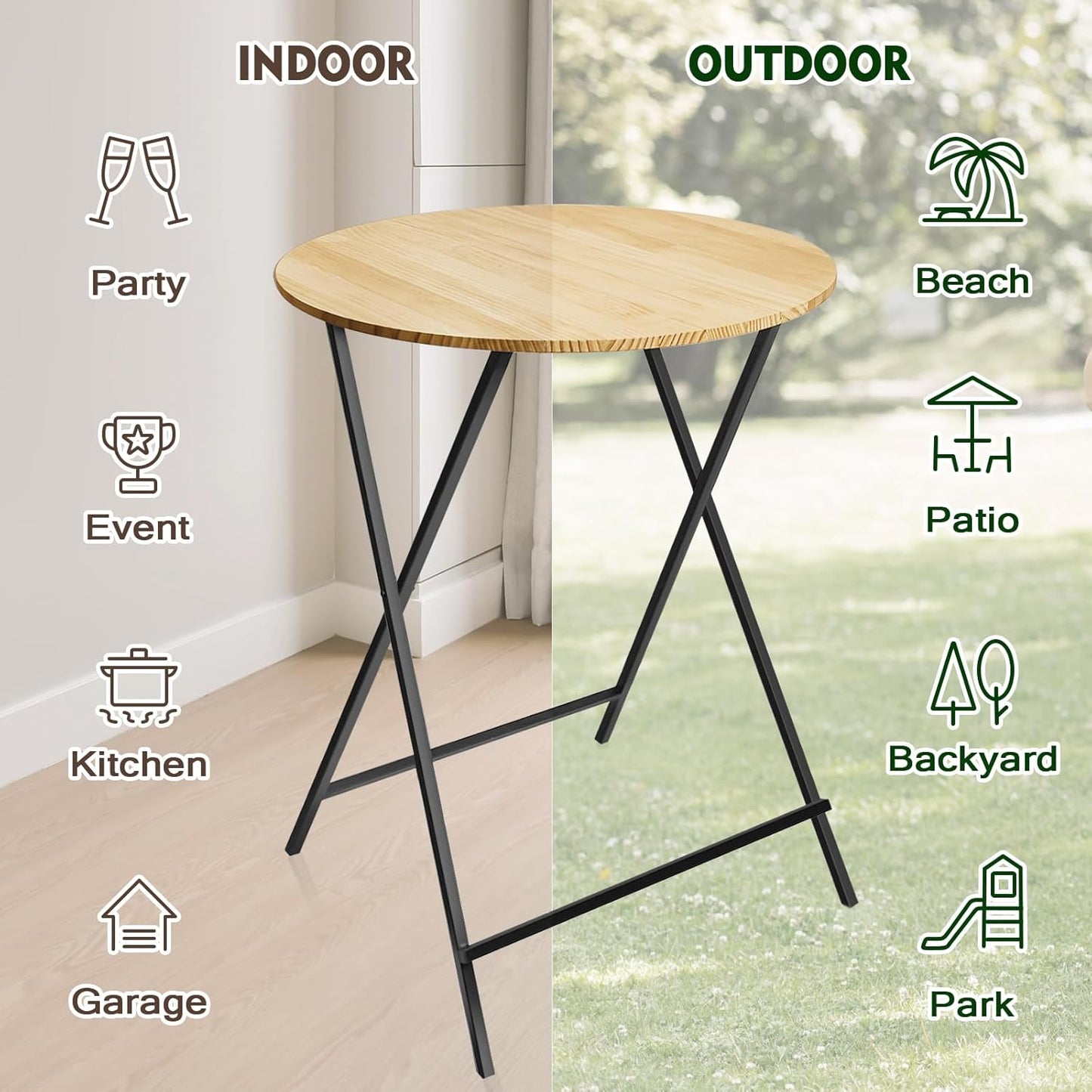 Outdoor Bar Height Table Wood 44.6'' Height, 31.5'' Round Folding Cocktail Tables Wooden Pub Desk, One-Piece Installation Kitchen Dining Table for Patio, Party, Balcony, Backyard, Poolside, Events