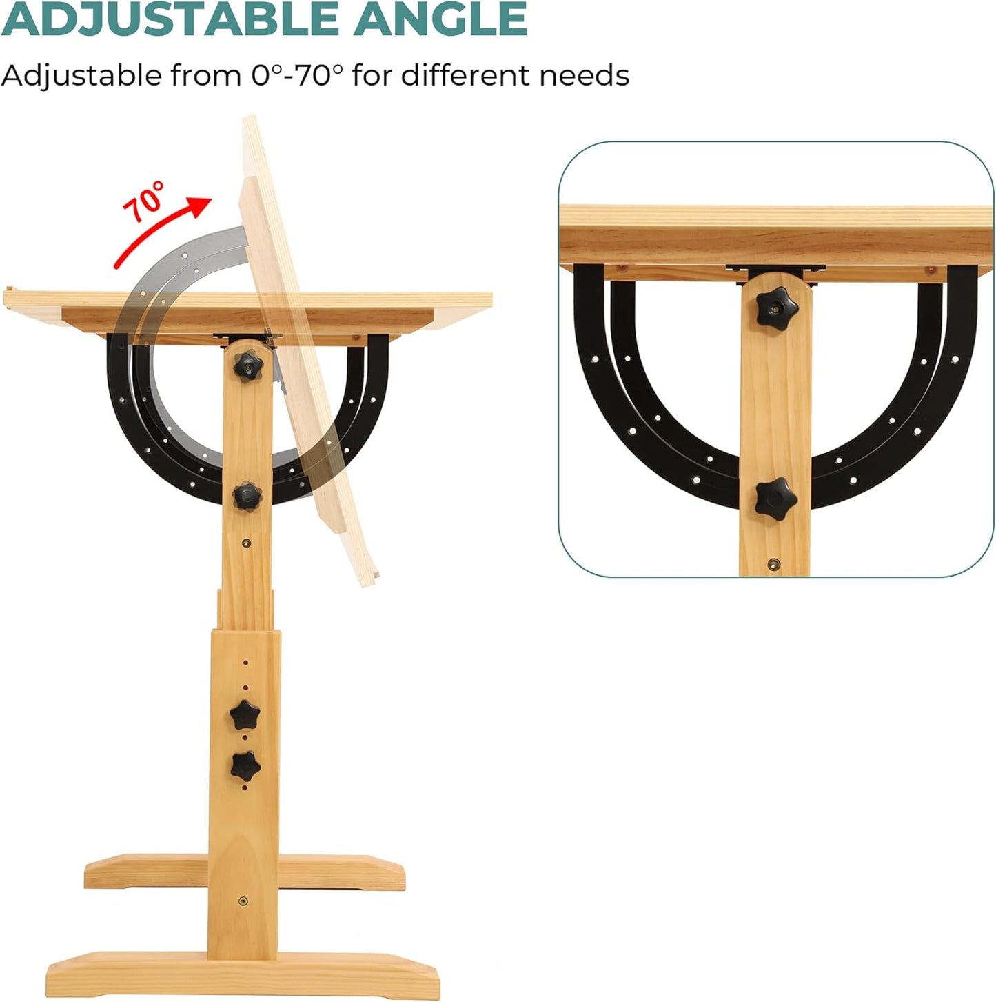 VISWIN Wood Drafting Table for Adults, 24'' x 35" Drawing Table with Adjustable Height & Angle for Art Studio, Solid Pine Wood Artist Desk for Drawing, Drafting, Writing, Reading, Sketching