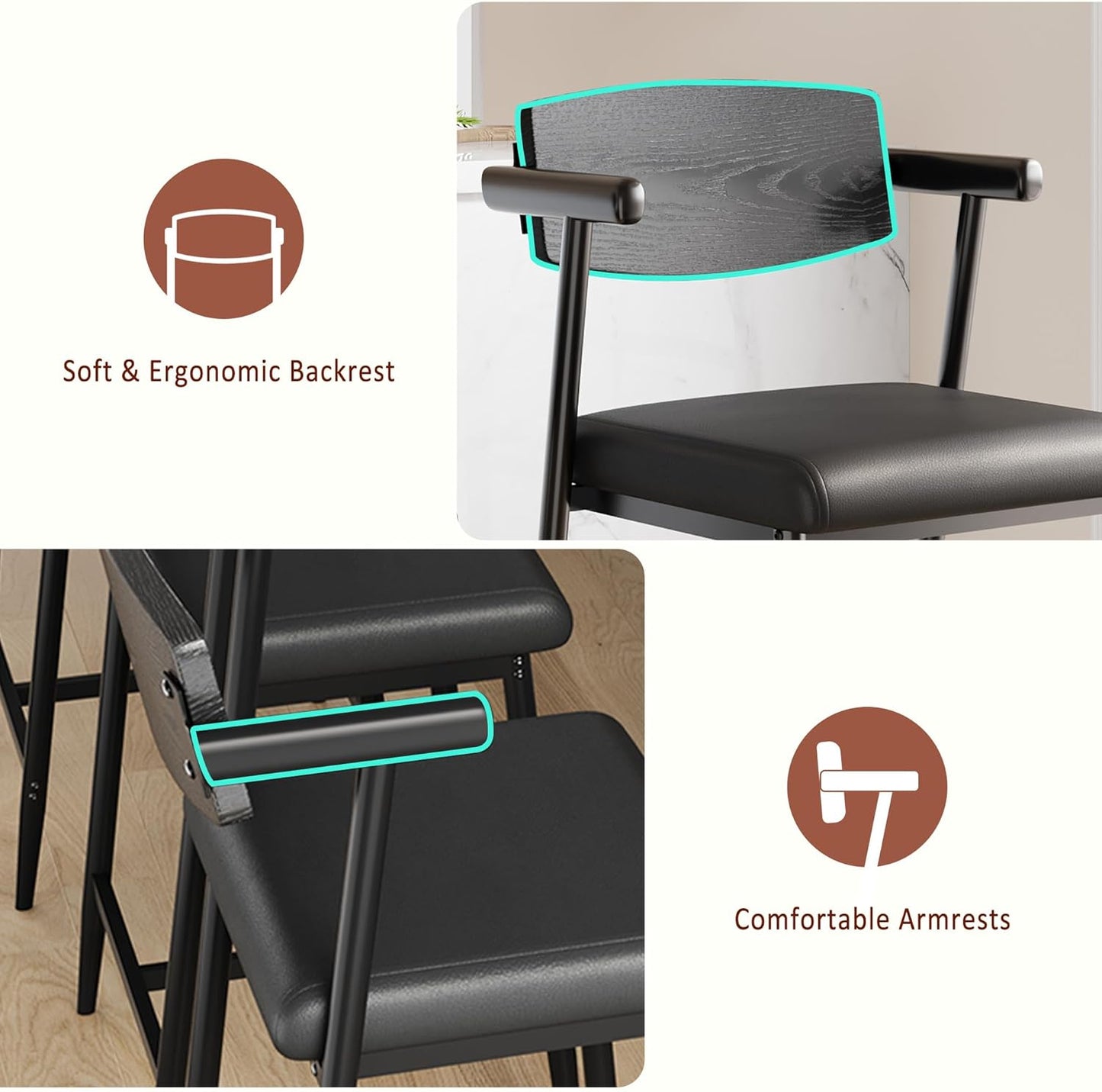 GarveeHome Counter Height Bar Stools Set of 2 with Arms, 26" Upholstered Modern Bar Stools Set with Wood Back & Footrest for Kitchen Island, Counter Bar, Wider Seat, Easy Assembly,Retro Black