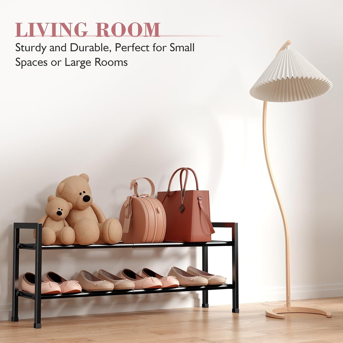 Bumusty 2 Tier Expandable Shoe Rack for Closet, 18“-33” Adjustable Shoe Rack for Small Space, Small Shoe Organizer for Front Door, Sturdy Metal, Black