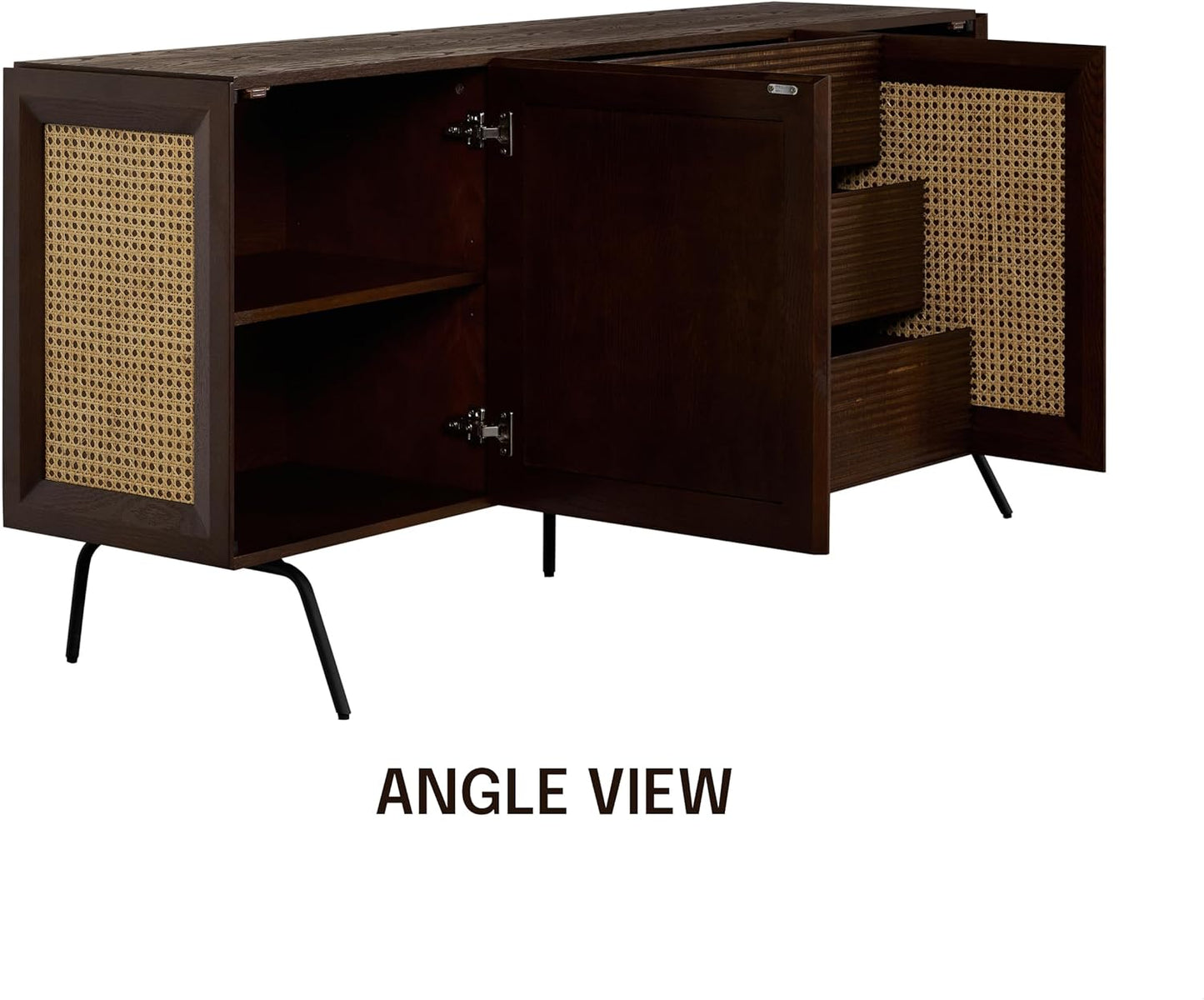 NTC MOSSIC Sideboard with 2 Doors and 3 Drawers, Buffet Cabinet with Natural Rattan and Metal Legs, Modern Storage Cabinet for Living Room, and Hallway, Effortless Assembly - Dark Walnut