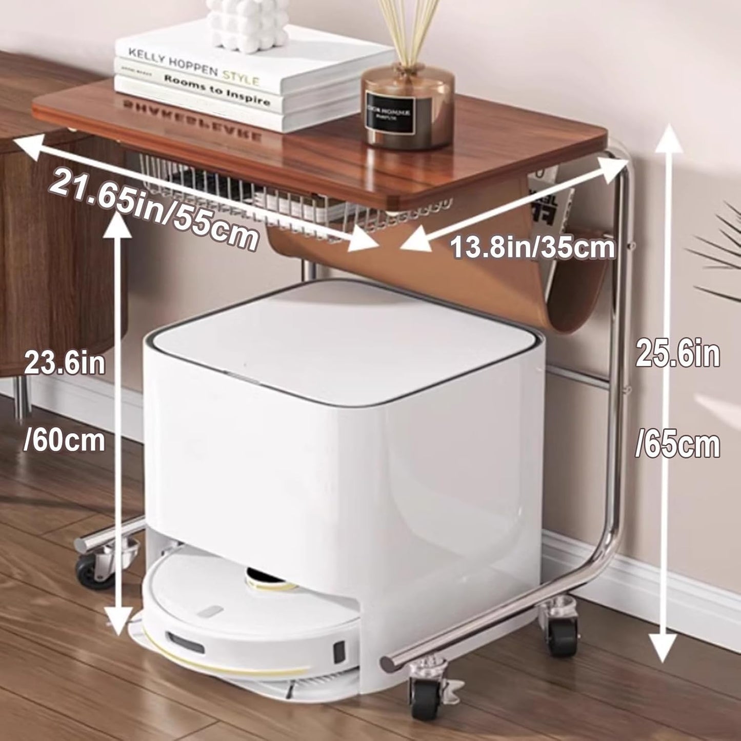 C-Shaped End Table, Sofa Side Table with Rotating Wheels, Rolling End Table with Storage, Small Couch Side Table for Bedroom, Swivel Tray Table for Living Room, Office