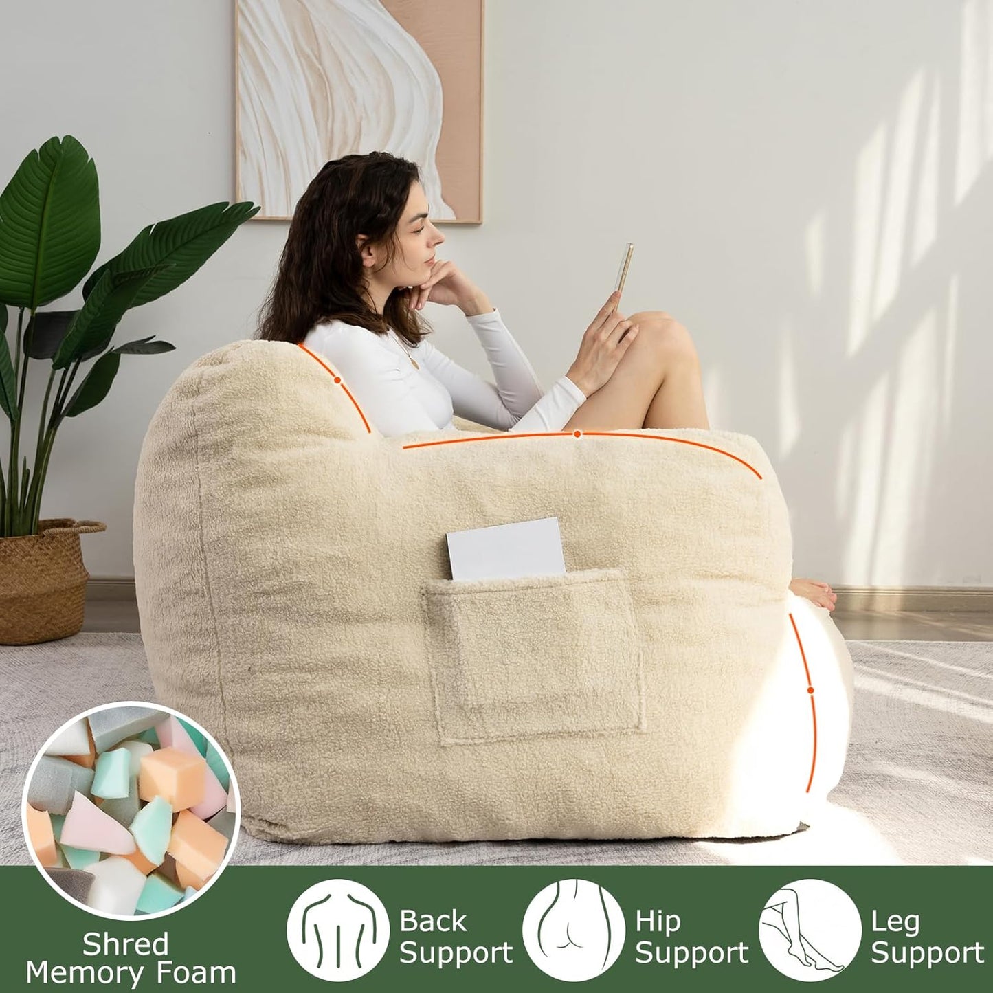 HIGOGOGO Giant Bean Bag Chairs for Adults,Big Comfy Chair Sofa for Bedroom Living Room, Large Lazy Bean Bag Chair with Pocket Armrests for Gaming, Reading