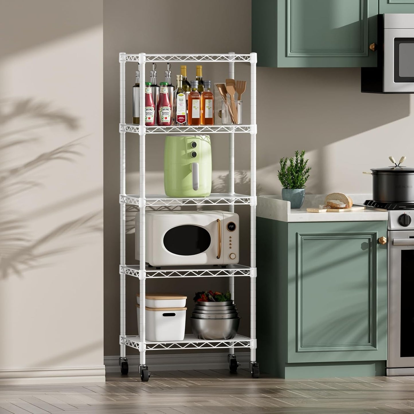 SINGAYE 5 Shelves Storage Shelf Wire Closet Bathroom Organizers Metal Pantry Kitchen Small Garage Shelving Unit Laundry Room Organization Home Narrow Rack Net Basket with Wheels White