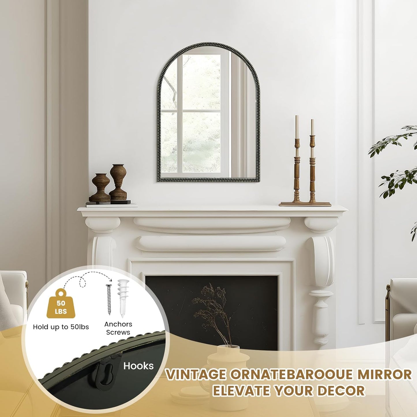 WallBeyond Black Vintage Mirror for Vanity 22x30 Inch, Gold Antique Mirror with Ornate Beaded Frame for Bathroom, Living Room, Fireplace, Entryway