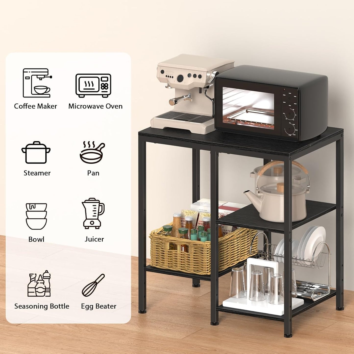 Kitchen Microwave Stand,4-Tier Adjustable Bakers Rack,Multi-Purpose Kitchen Storage Cart for Coffee Station,Space-Saving Metal Appliance Shelf for Living Room (Coal-Black)