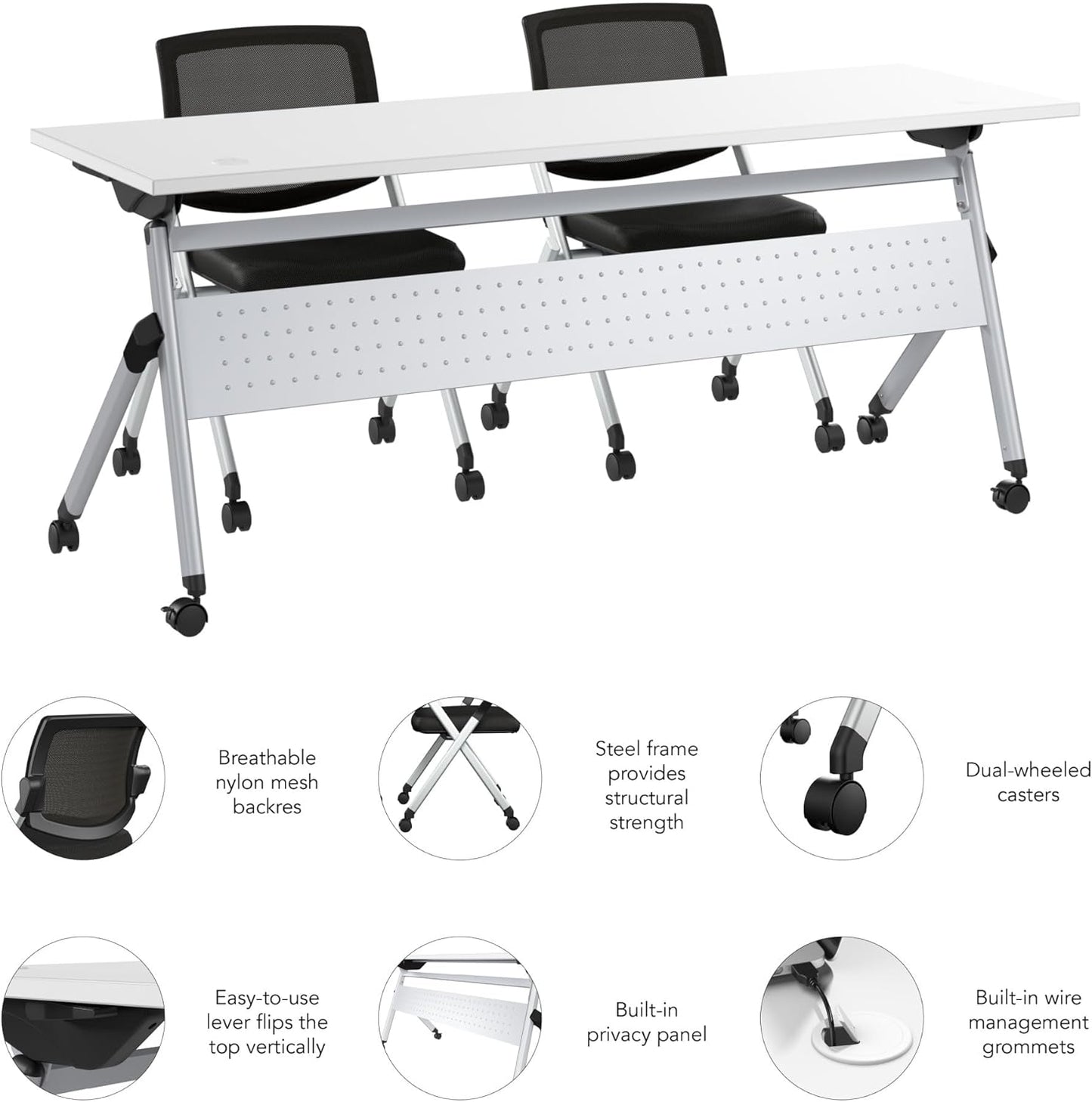 Bush Business Furniture Folding Training Table Set for 2, 72 inch, 2 Mesh Back Folding Chairs, Commercial-Grade Bundle for Office or Classroom, Envision Collection, White