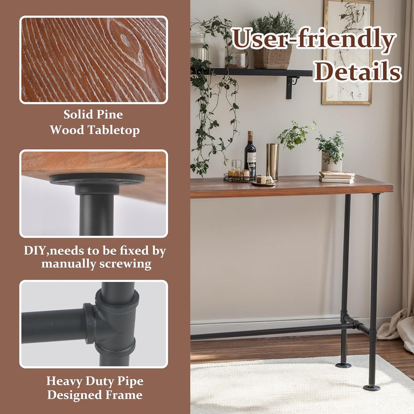 5 Pieces Industrial Dining Table Set 41.3inch Hight Rectangle Bar Table and Height Adjustable Bar Stools with Backrest for Home Office Cafe House