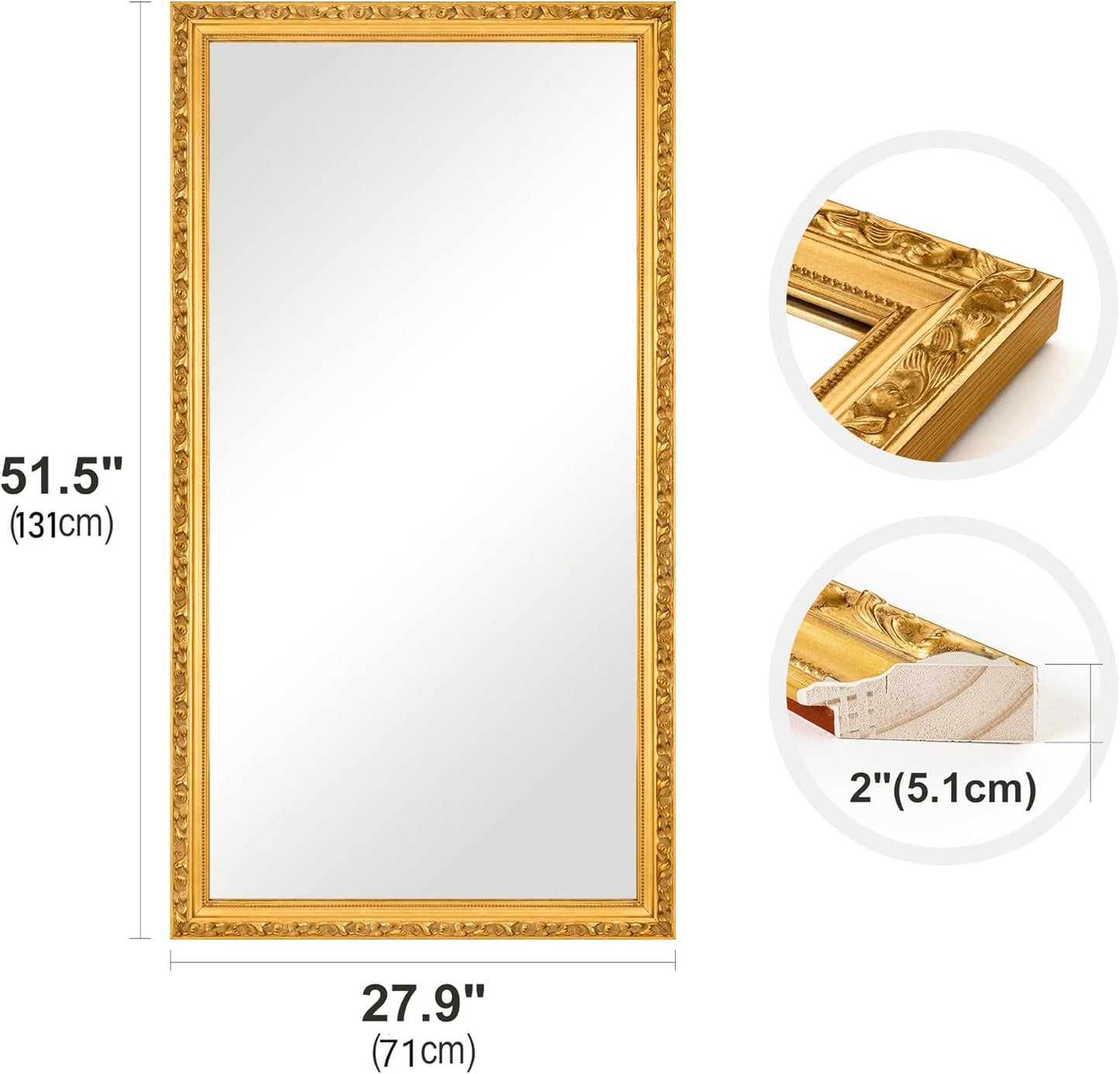 Large Vintage Decorative Mirror for Wall Decor, Gold Antiuqe Living Room Mirror with Ornate Frame, Traditional Vintage Gold Mantle Mirrors, Horizontal/Vertical,51.5'' x 27.9''