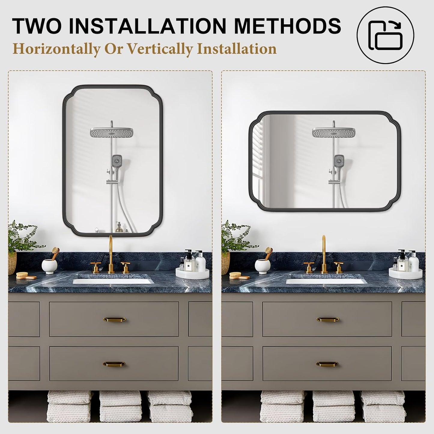 Black Bathroom Vanity Mirrors for Over Sink 24" x 36" Modern Rounded Corner Rectangle Mirror with Non-Rusting Iron Metal Framed Wall Mounted Decorative Mirror (Horizontal/Vertical)