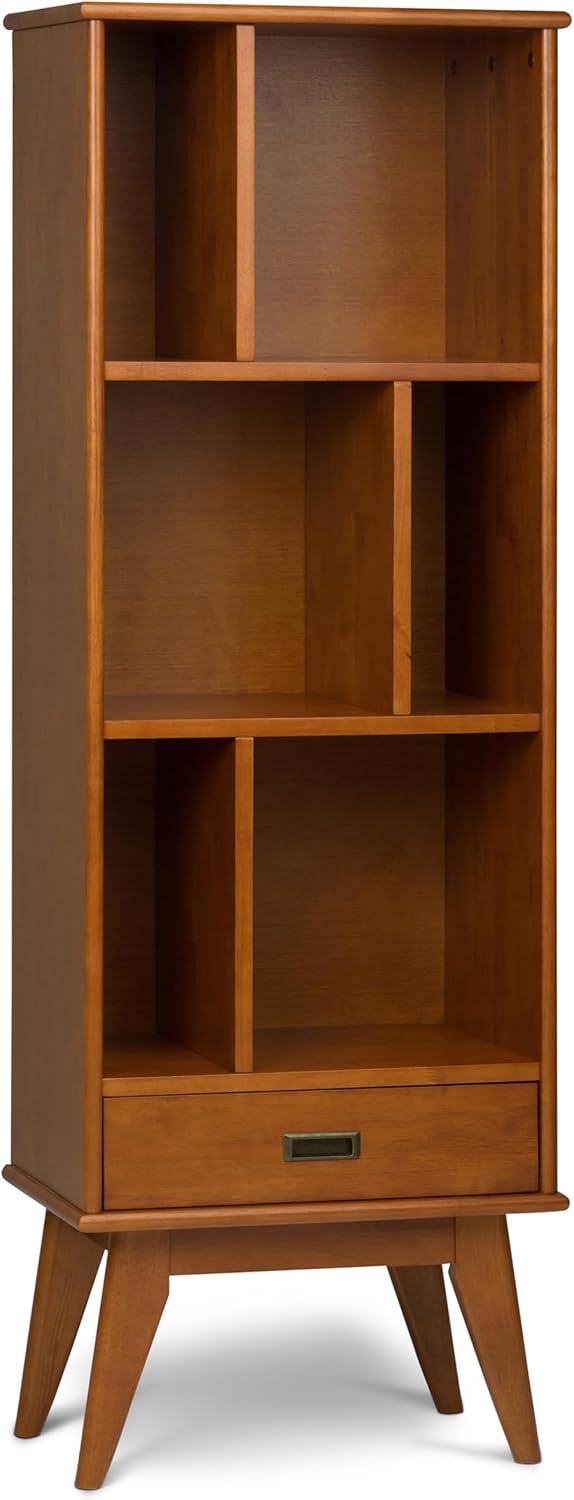 SIMPLIHOME Draper 22 inch Mid-Century Modern 6 Cubbie Bookcase with Drawer (Set of 2) in Teak Brown for The Living Room, Study Room and Office