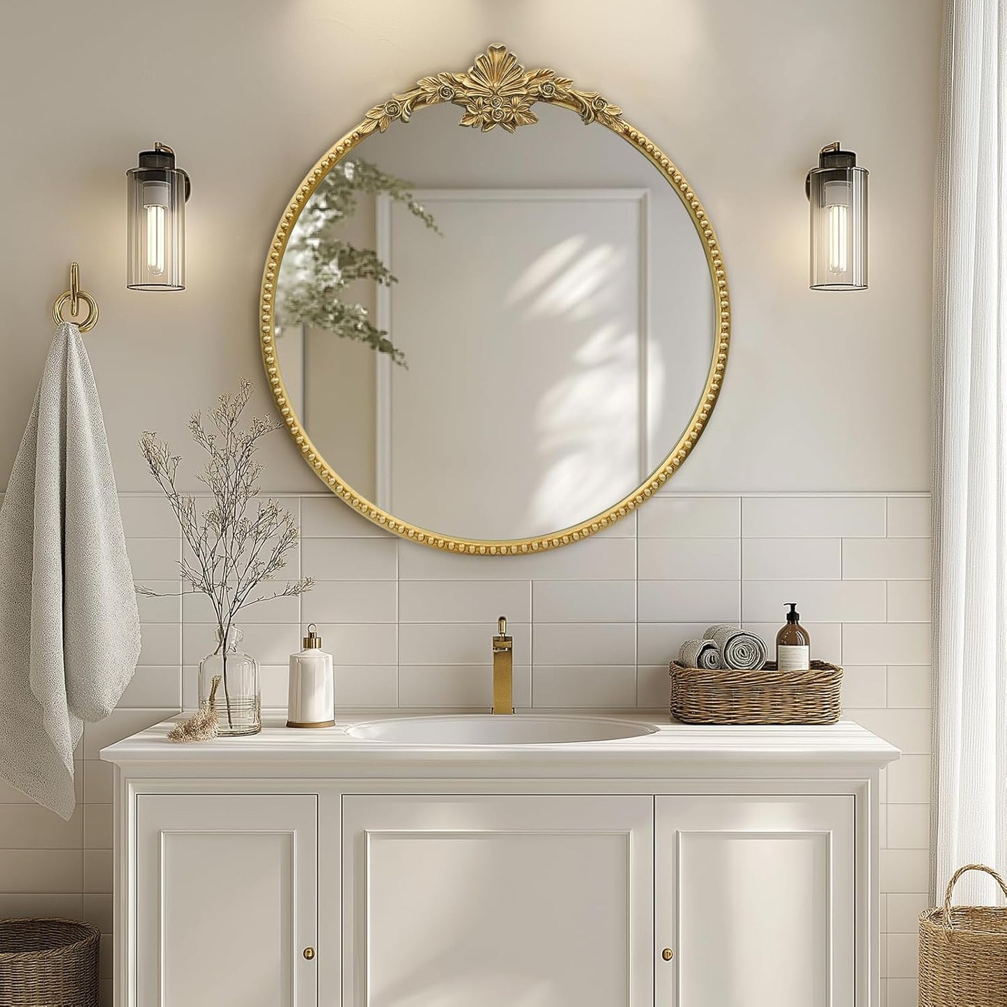 Round Gold Mirror,24inch Baroque Style Vintage Decorative Circle Wall Mirror for Living Room, Bedroom, Bathroom, and Entryway,Antique Gold