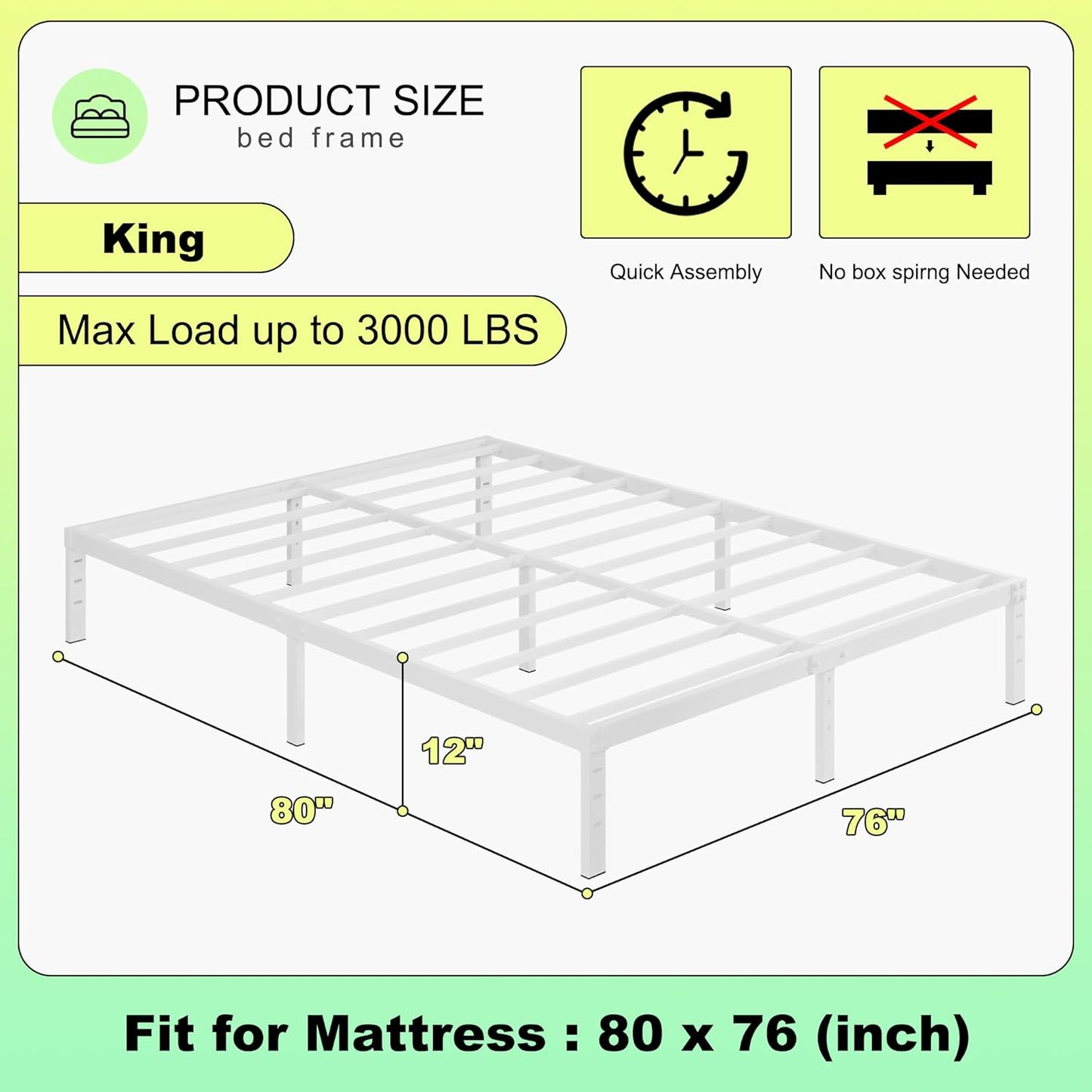 12 Inch White King Size Bed Frame, Heavy Duty King Size Platform Bed Frame, Mattress Foundation, No Box Spring Needed, Easy Assembly, Noise-Free