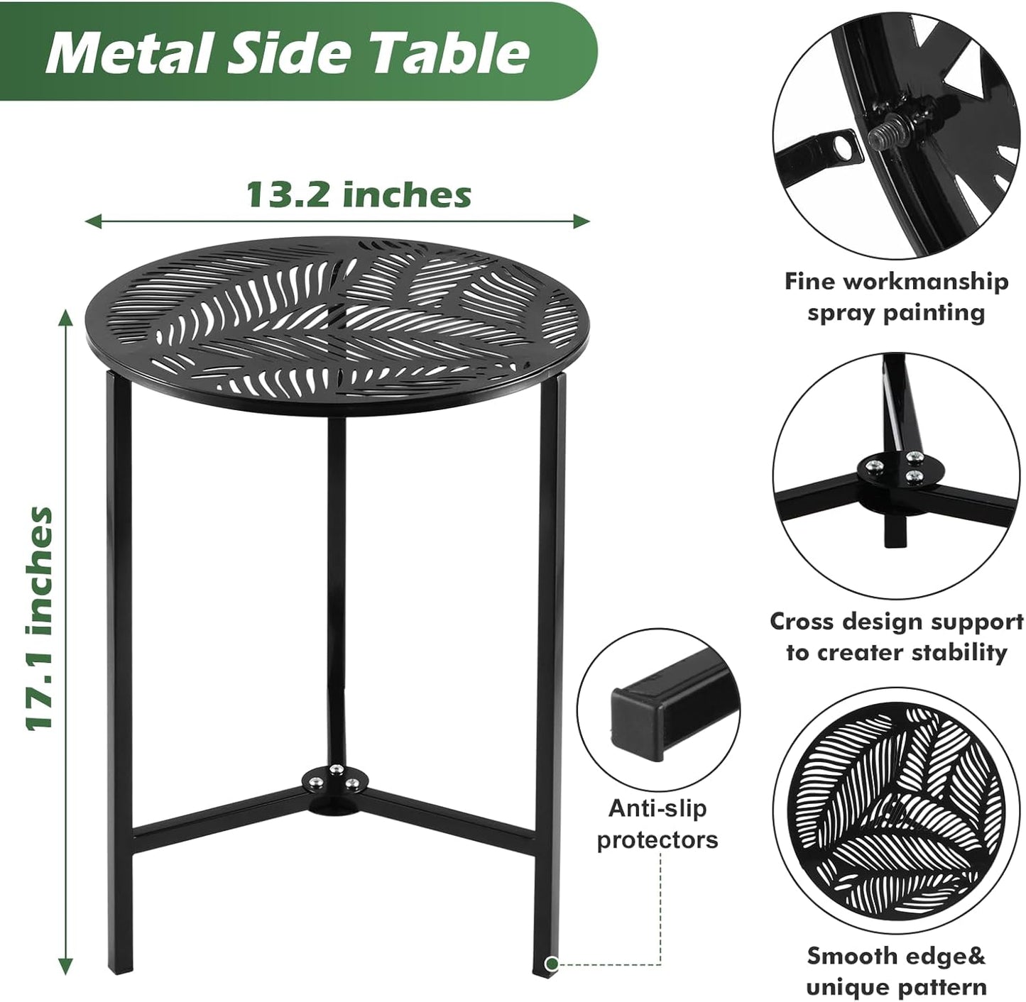 1 Packs 13" Metal Outdoor Side Tables Small Black Outside End Table for Patio Round Accent Corner Stand for Small Spaces Weather-Resistant Coffee Table for Balcony Porch Plant Stand, Tropical Leaves