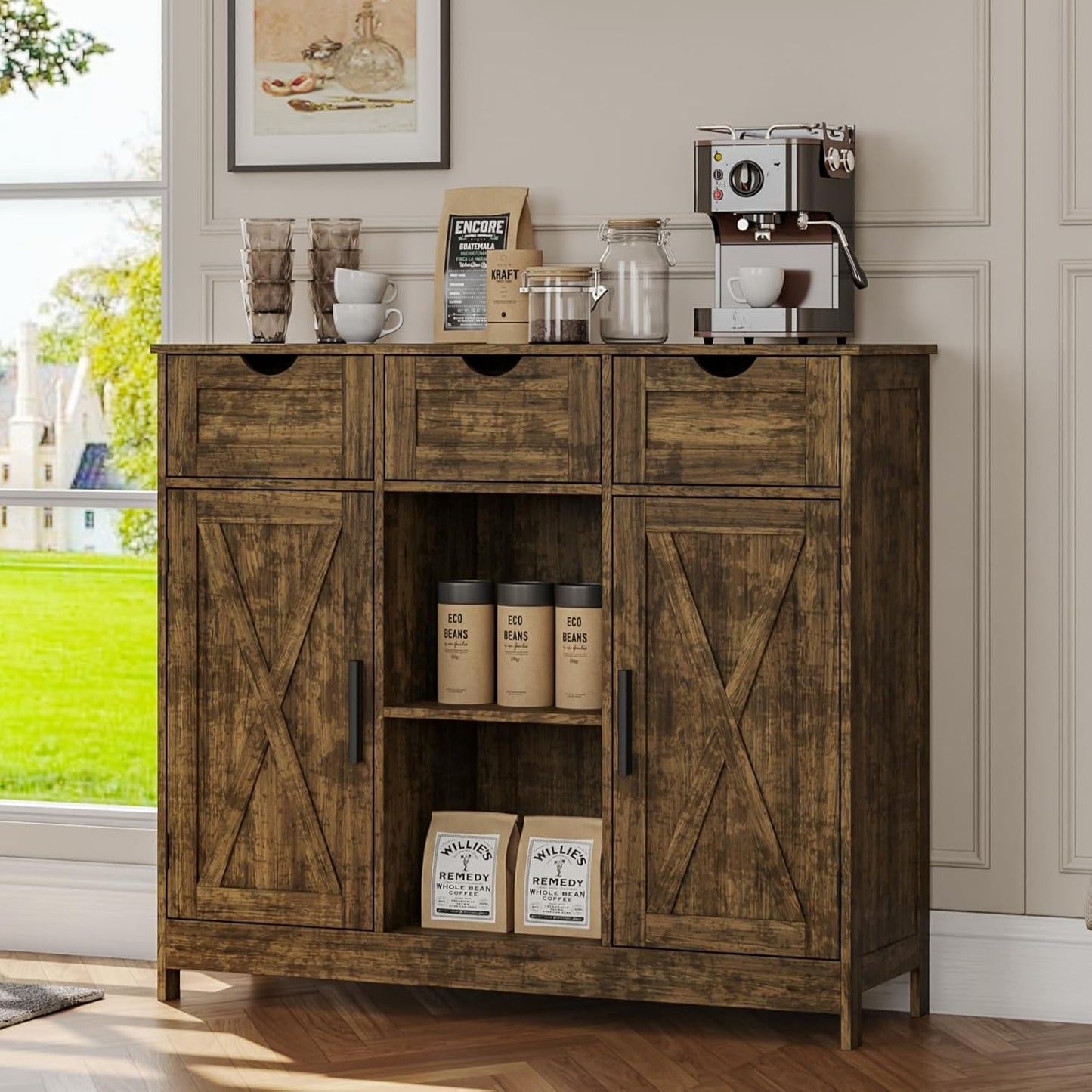 Storage Cabinet, Coffee Bar Cabinet with 2 Adjustable Shelves, 3 Drawers, and 2 Doors, for Bathroom, Kitchen, Living Room (Retro)