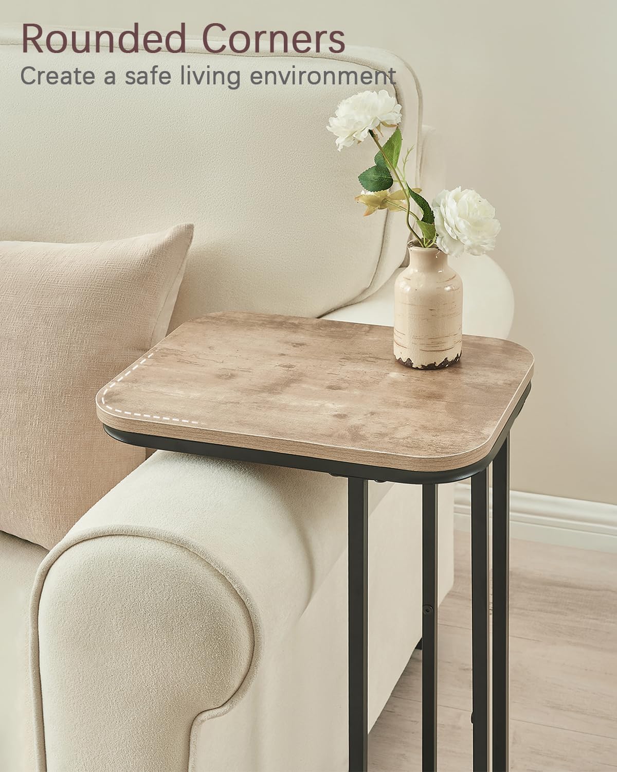 C Shaped End Table, 27 Inches High Small Side Table for Sofa and Bed, Couch Table That Slides Under, Tall Tv Tray Table for Living Room, Bedroom, Metal Frame, Greige & Black