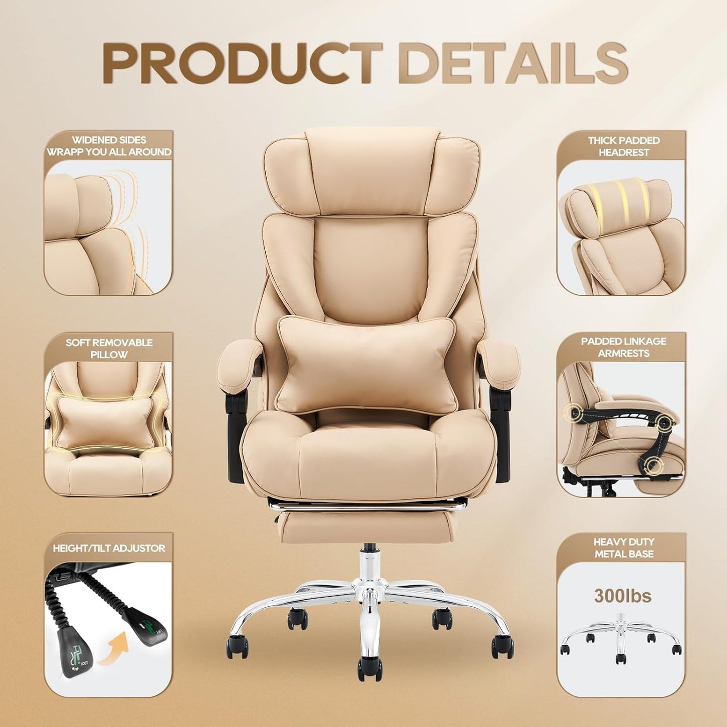 COLAMY Office Chair with Retractable Footrest, Ergonomic High Back Design Executive Computer Desk Chair with Removable Lumbar Pillow, 90-135°Reclining, Thick Bonded Leather for Home Office Work, Khaki