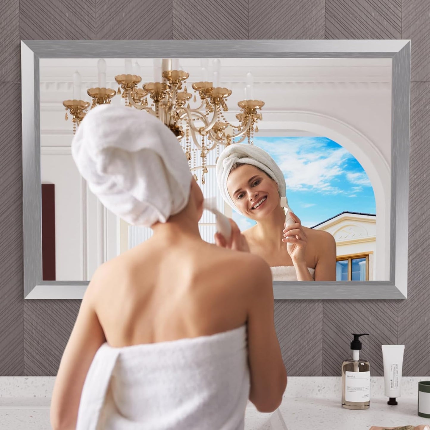 Amorho 48x32 Inch Bathroom Mirror Silver, Thick Metal Framed Wall Mirrors for Over Sink, Brushed Nickel Mirror Perfect for Bedroom, Living Room, Entryway, Rectangle (Horizontal/Vertical).