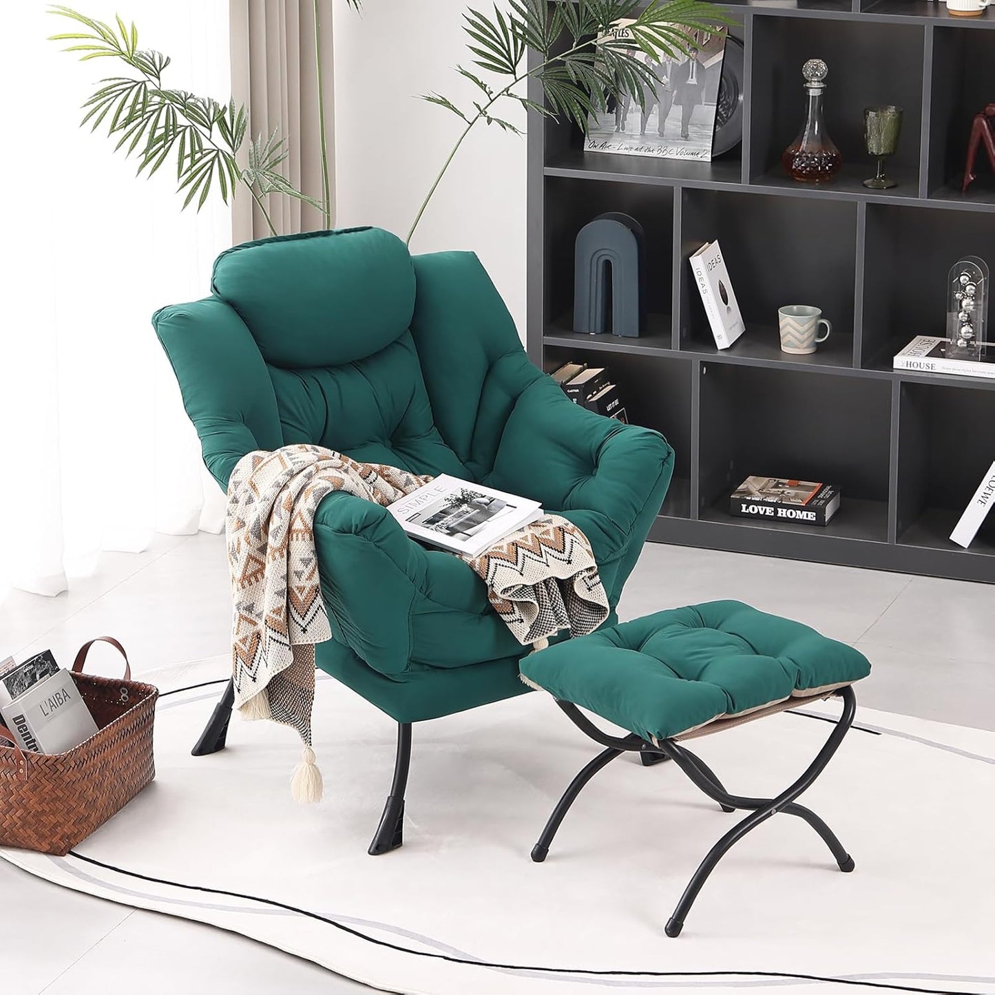 Lazy Chair with Folding Ottoman, Modern Accent Lounge Armchair with Armrests and a Side Pocket & Foldable Footstool, Leisure Reading Chair for Living Room, Bedroom, Dorm & Office, Dark Green