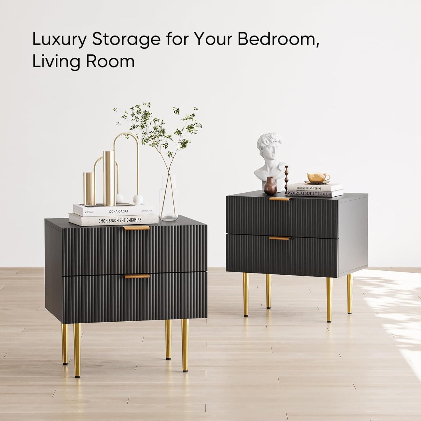 Black Nightstand for Bedroom, Fluted Night Stand, End Table for Living Room, Mid Century Modern Bedside Table with Drawers, Bed Side Table with Gold Metal Legs, Bedroom Furniture Stripe