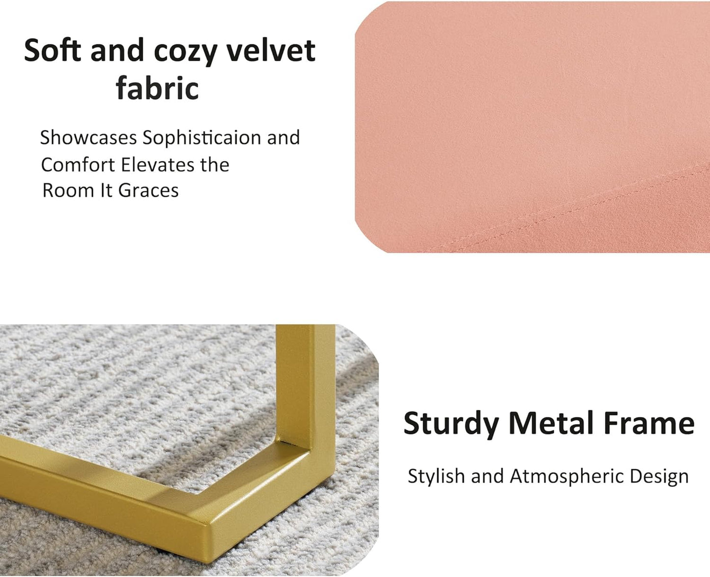 Modern Style Bedroom Single Seat Bench, Cushioned Bed end Stool, Living Room Sofa Stool, Footstool with Golden Iron Legs, Suitable for Bedroom and Living Room (Pink, 21.65"x15.74"X16.53")