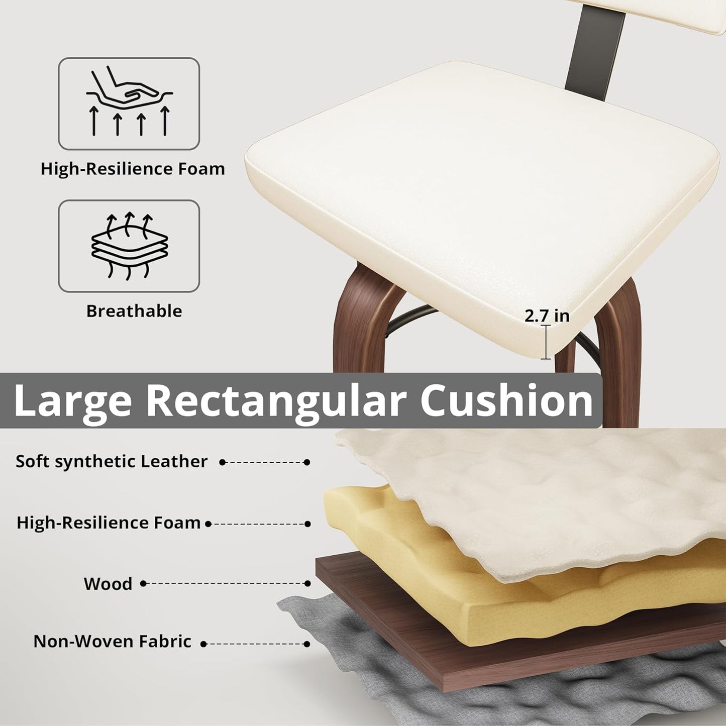 IRONCK Counter Height Bar Stools Set of 2, 29'' Faux Leather Upholstered Barstools with Back, Footrest, Wood Texture Bent Legs, Mid-Century Modern 360° Swivel Bar Stools for Kitchen Island, White