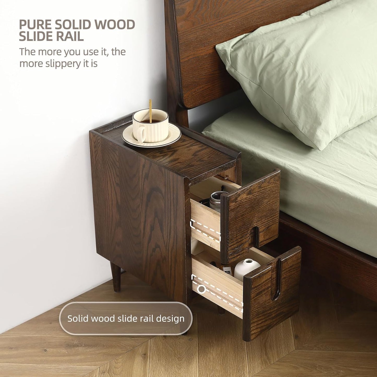 Solid Wood Bedside Table Nightstands, Slim Narrow Oak Real Wooden Mid-Century Modern End Table with Drawers Luxury Side Table Durable Cabinet Organizer Furniture, Walnut Color 7.87in Wide