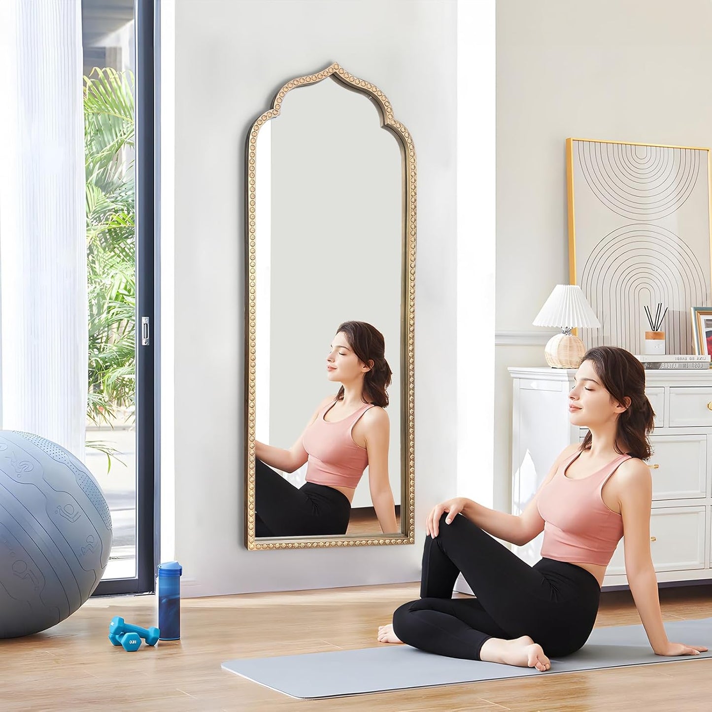 Large Arch Mirror, 20"x53" Gold Arched Floor Mirrors for Dressing, Metal Beaded Frame Decorative Vintage Mirror, Scalloped Full Length Mirrors for Living Room Bedroom Hallway Entryway